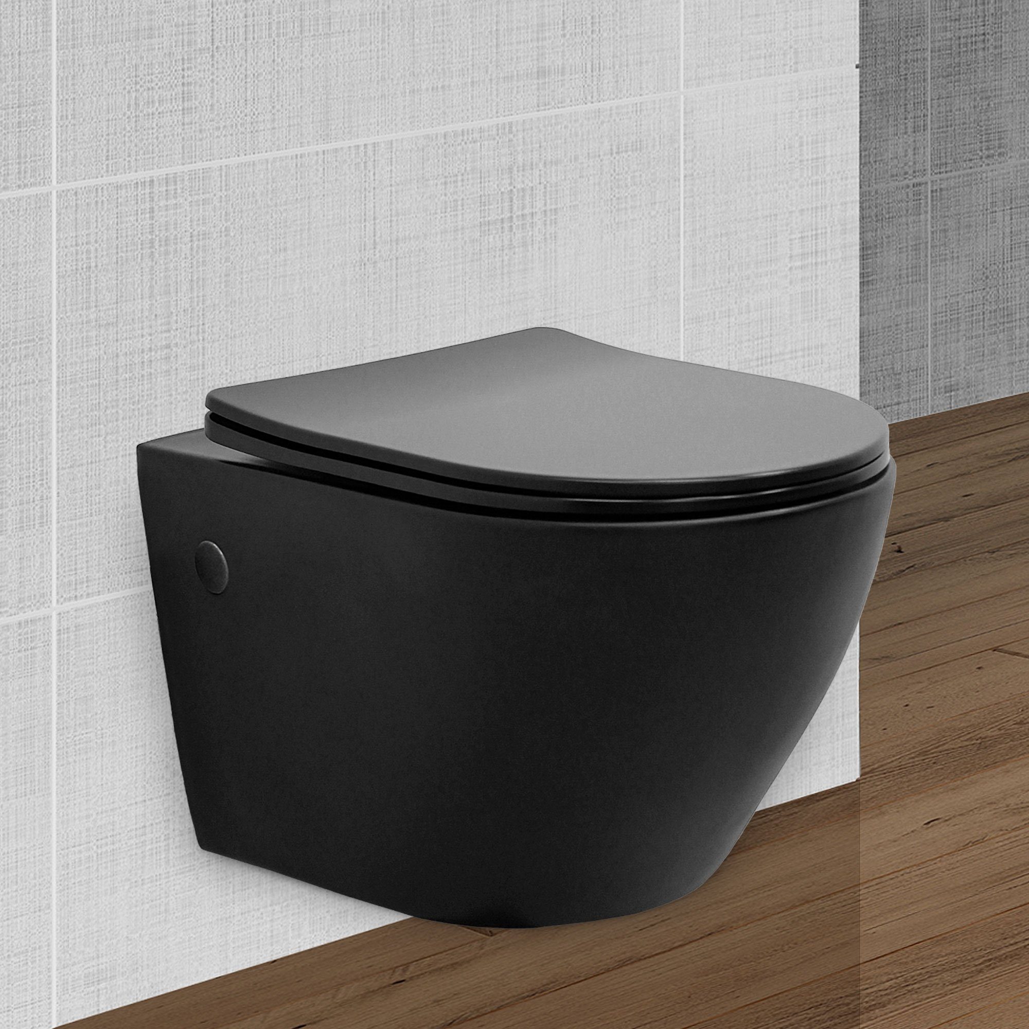 ECD Germany Tiefspül-WC Wand-WC Toilette Sanitärkeramik, Spülrandlos  schwarz matt WC-Sitz abnehmbar Softclose Absenkautomatik