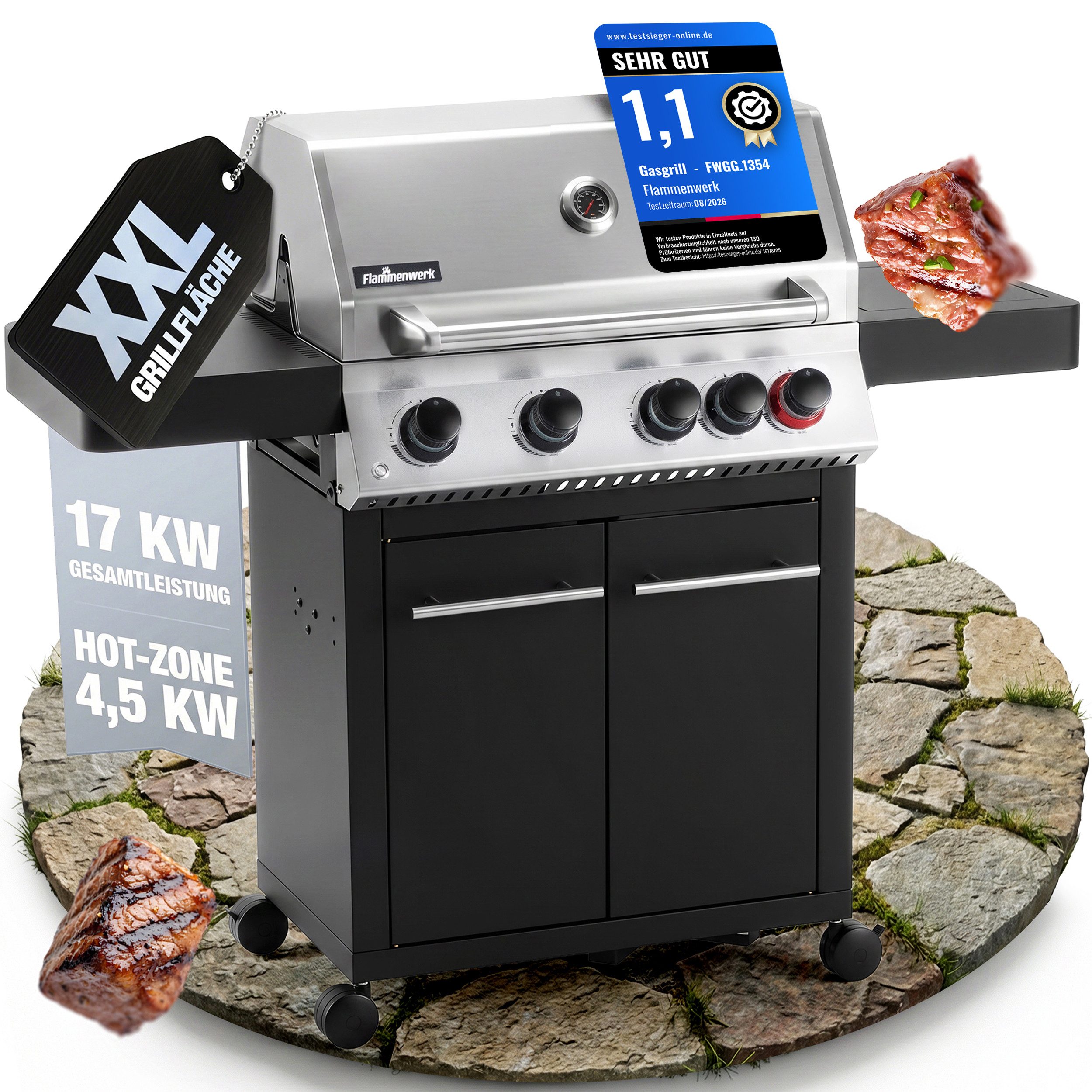 Flammenwerk Gasgrill Grill 4+1 Brenner – 17kW Gesamtleistung, LED-Beleuchtung, Hot Zone & Seitenkochfeld + Gusseisen Grillrost