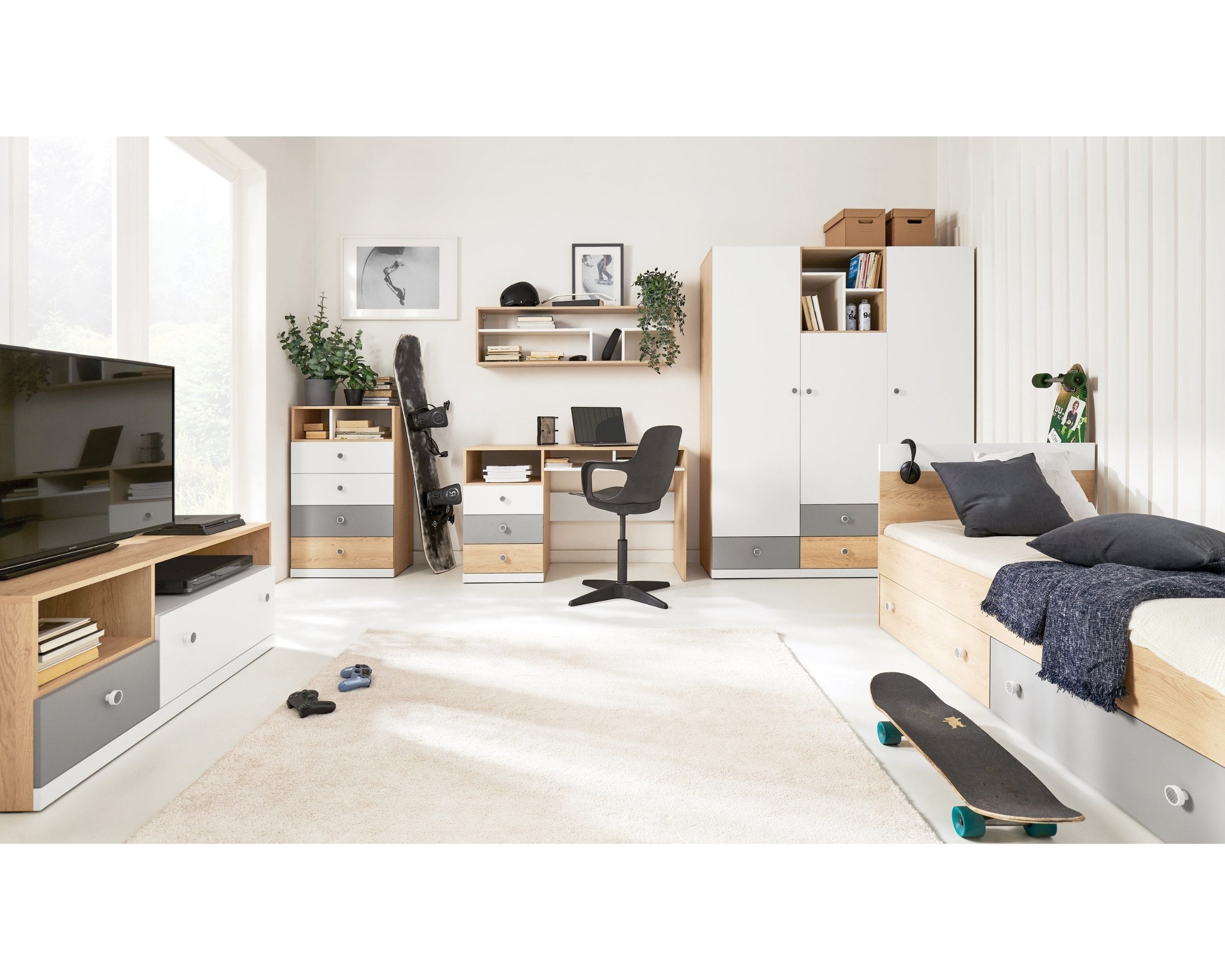 Deine Möbel 24 Kinderkleiderschrank POKO 01 150 / 190 / 50 cm [B/H/T] in Biskuiteiche / Weiß Lux / Grau