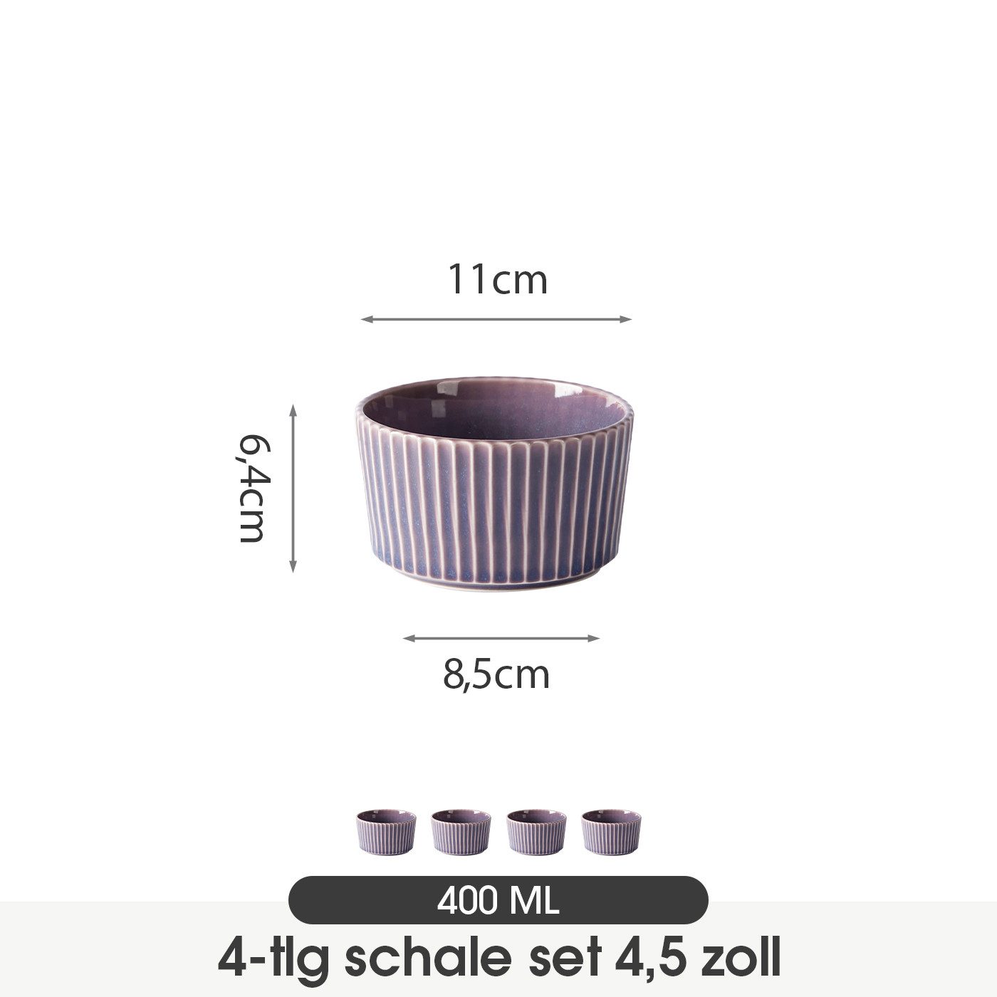 JIWOO Schale 4er Ø11cm, Müslischale Dessertschale Eisschale Obstschale Snackschale, Keramik, (Set, 4-tlg), 4,5 Zoll Hochwertiges Schalen Lila Mikrowellenofen Spülmaschine Bowl