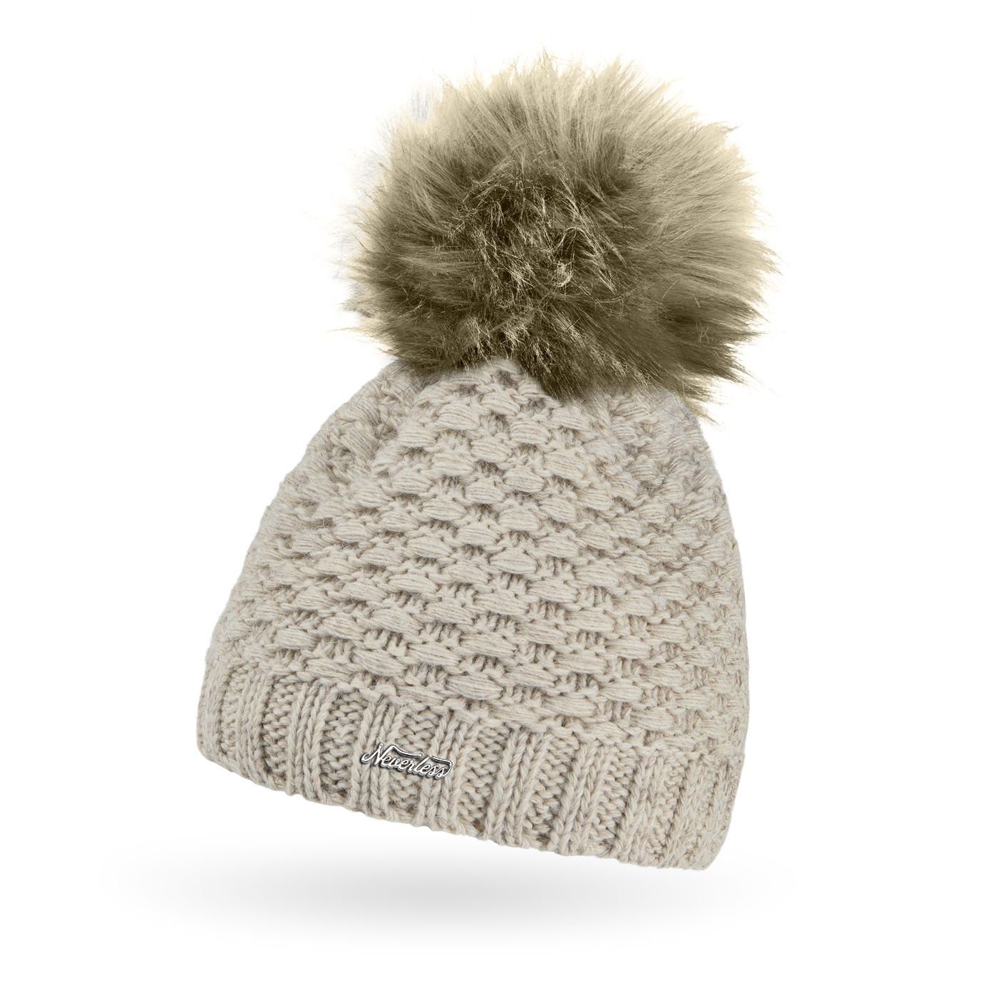 Neverless Bommelmütze Damen Winter-Mütze Strick Fleecefutter Kunstfell-Bommel Pudelmütze Win