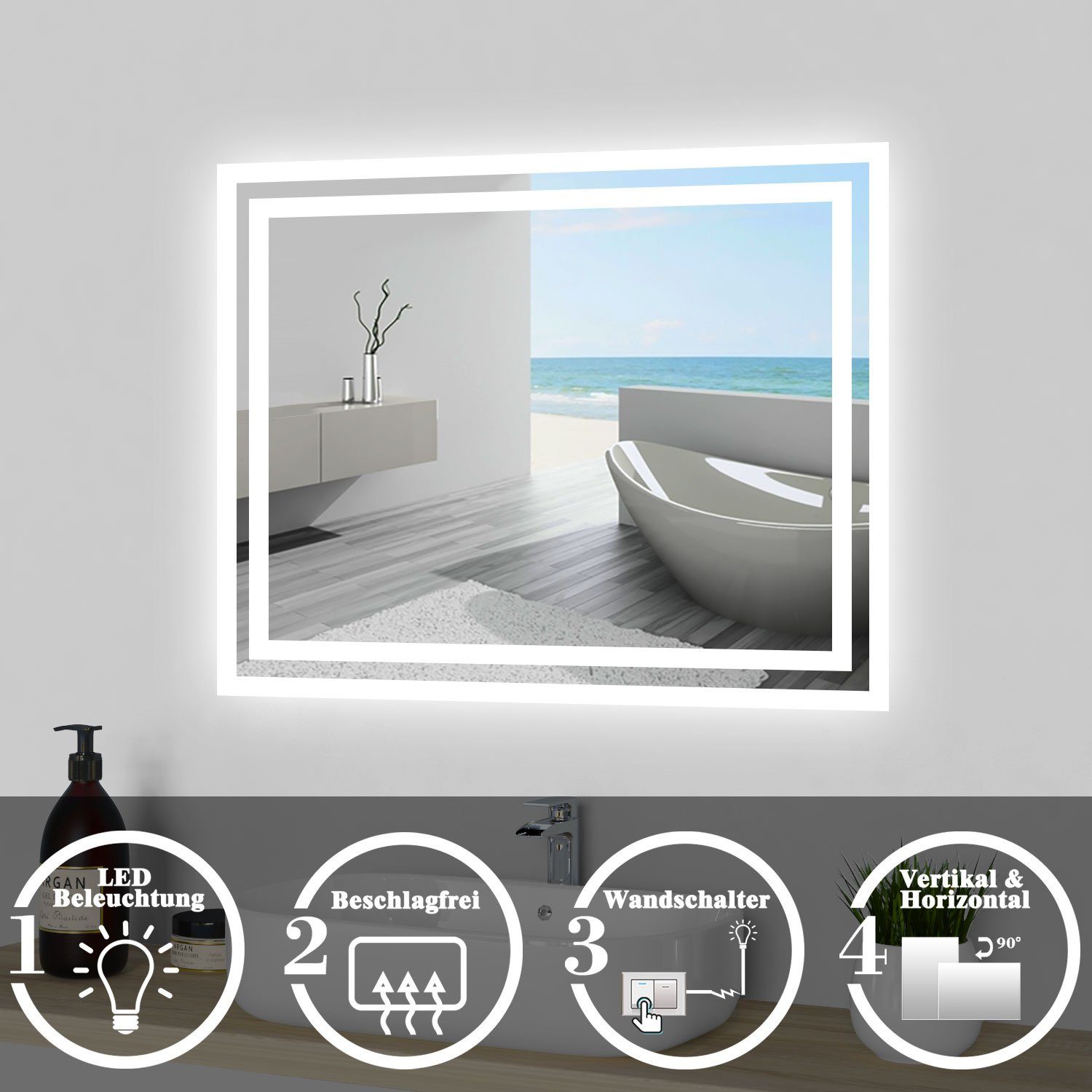 Wandschalter+Beschlagfrei LED Beleuchtung Badspiegel duschspa Spiegel 60x50 bis mit cm, 160x80 cm