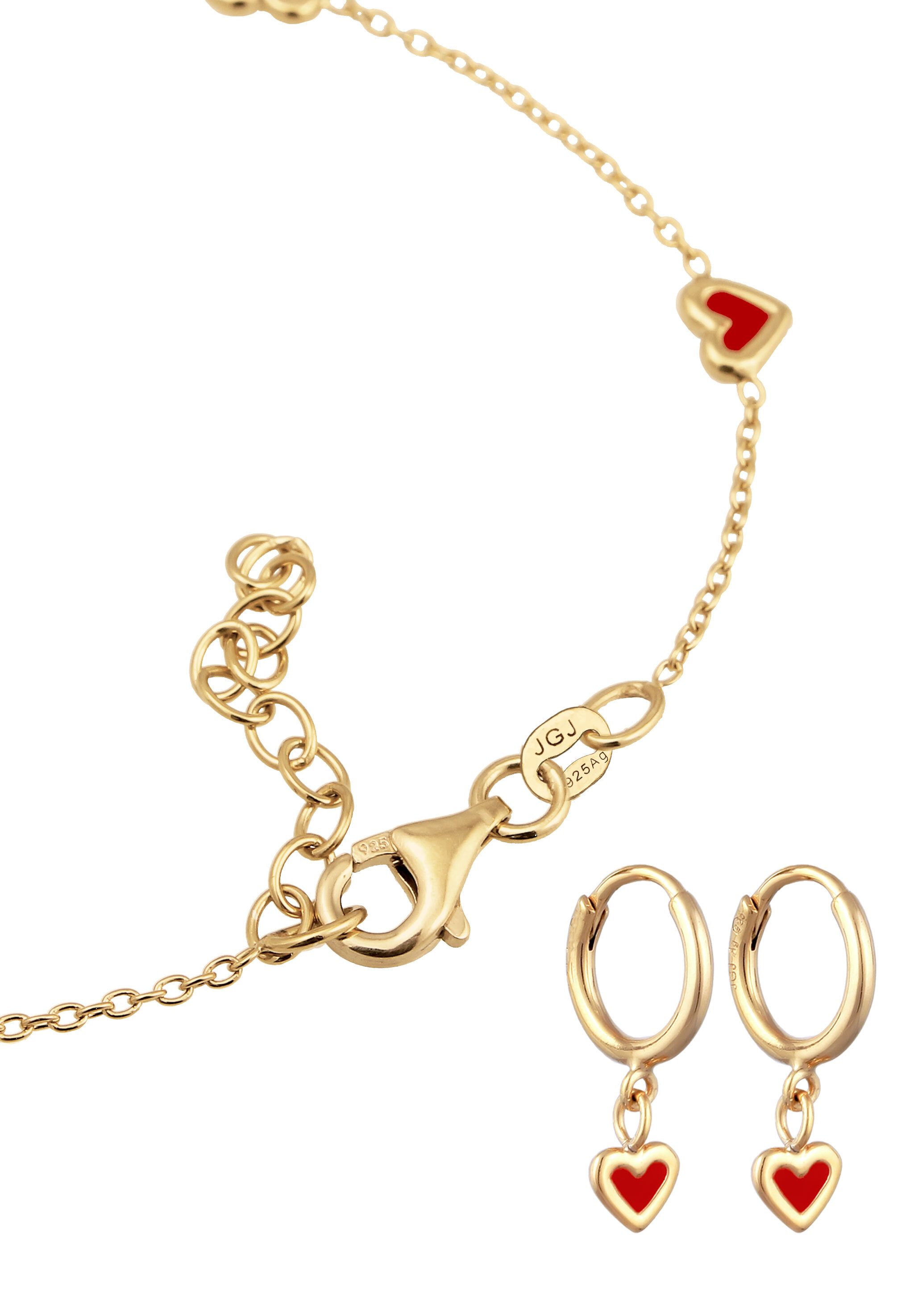 Elli Schmuckset Herz Emaille Rot 925 Sterling Silber vergoldet