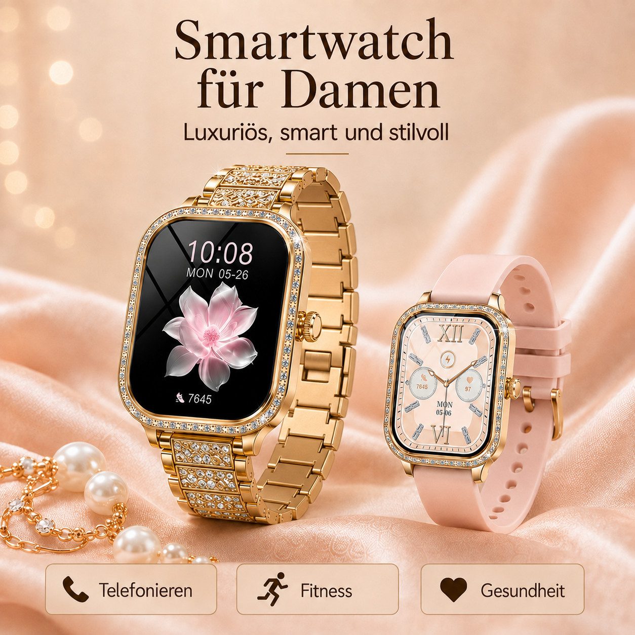 Fyrove Fitnessuhr Damen, Sportuhr, Aktivitätstracker Smartwatch (4,45 cm), Bluetooth-Armbanduhr mit Telefonfunktion, Damen Uhr für Fitness, 2 Armbänder, persona – Bild 2 von 5