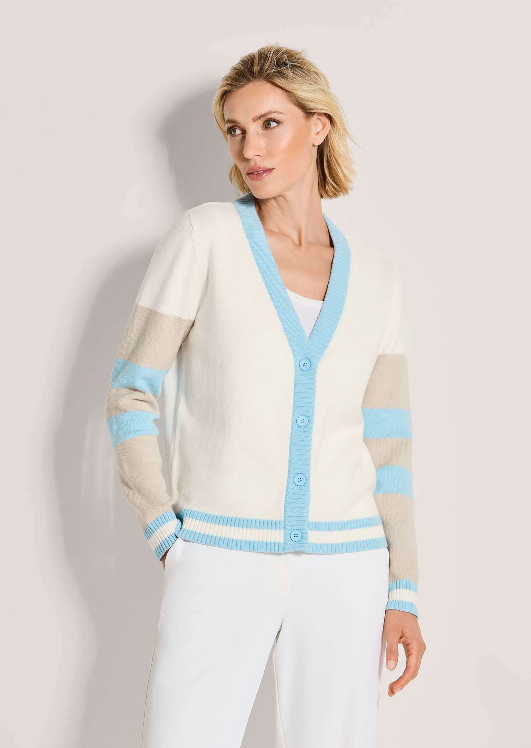 MADELEINE Strickjacke Leichter Cardigan, V-Ausschnitt, Streifenmuster Langarm Sommerjacke mit Knopfleiste, Baumwoll-Mischung
