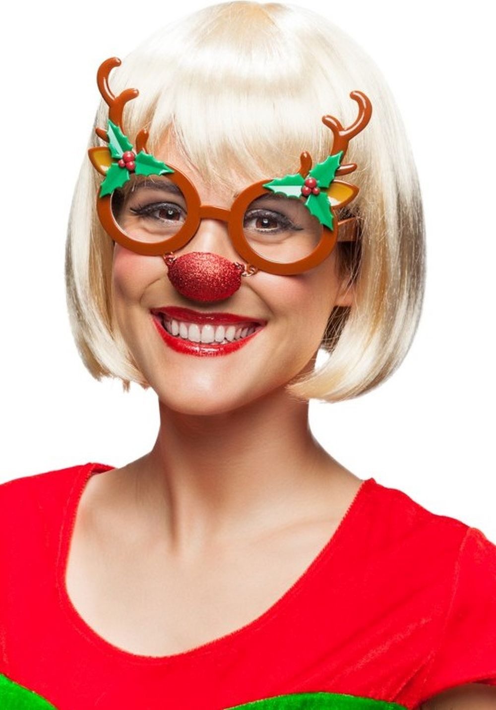 Fries Kostüm Brille Rentier mit Nase Rudolph Weihnachten Kunststoff Geweih Karneval