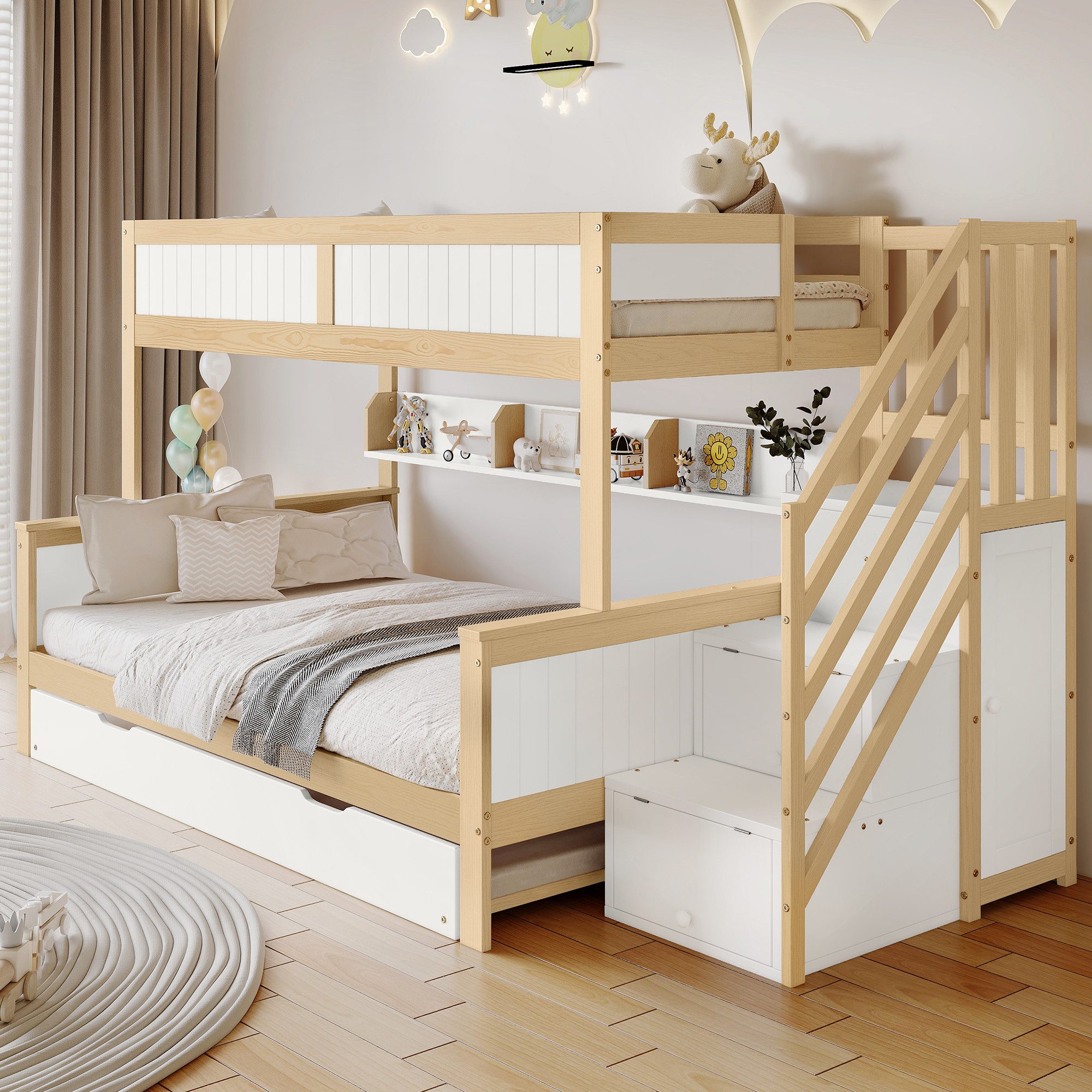 Flieks Etagenbett, Kinderbett 90x200cm+120x200cm mit Ausziehbett 90x190cm S günstig online kaufen