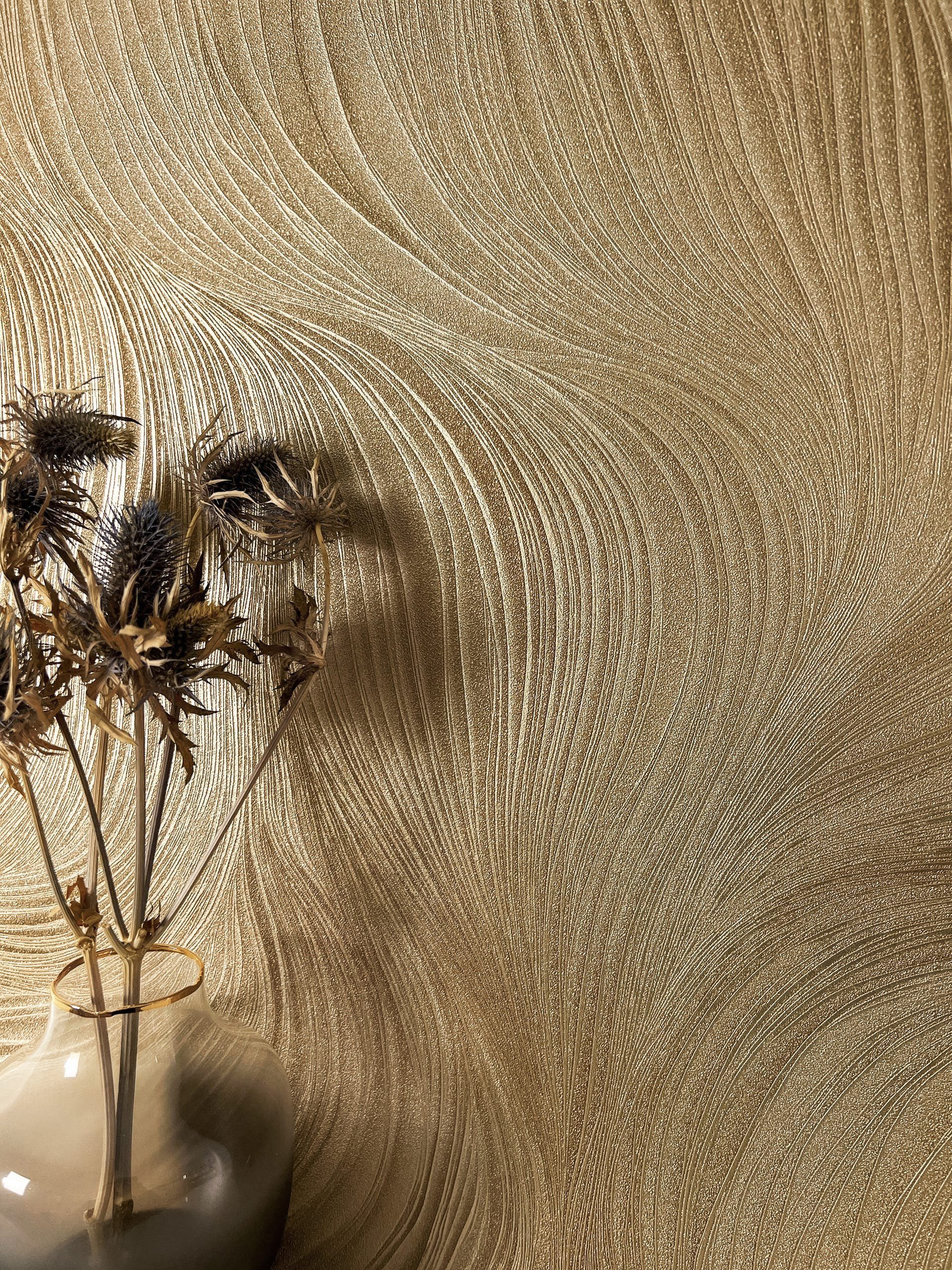 Newroom Vliestapete Kady Gold Tapete Mustertapete Linien, Wellen, Streifen, strukturiert, Glanztapete