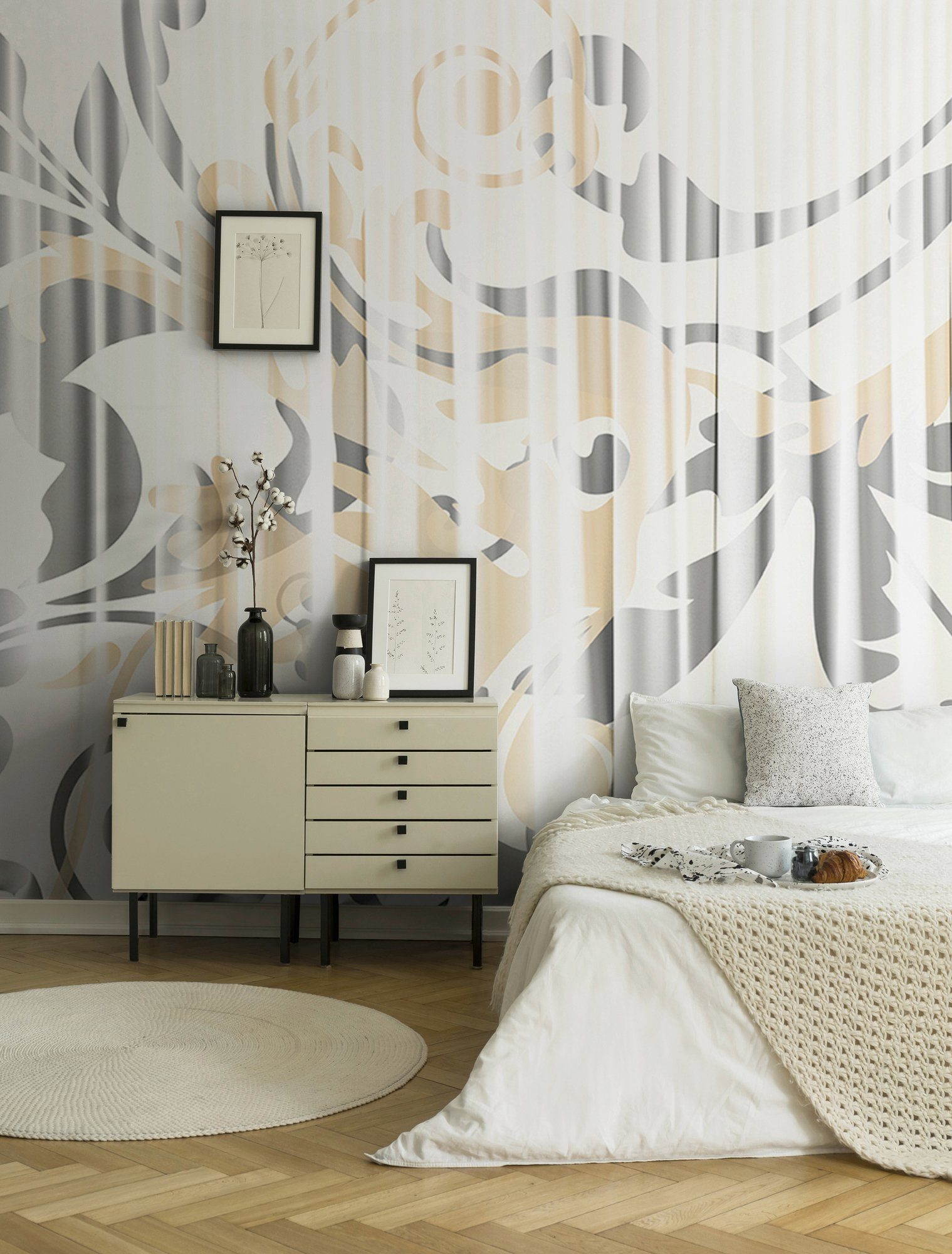 Wand, Vlies, Curtain weiß/grau/ocker Atelier (6 glatt, Decke St), 1, Schräge, 3D-Optik, floral, Fototapete Paper Architects White 47