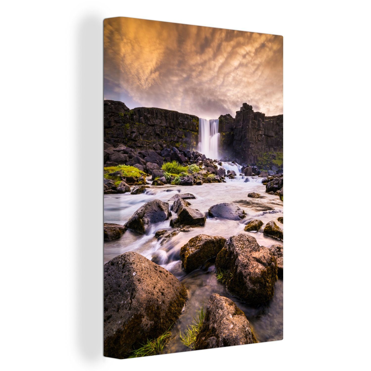 fertig in, (1 St), Gemälde, Þingvellir-Nationalpark inkl. Leinwandbild Wasserfall Bunte Wolken cm Zackenaufhänger, einem über 20x30 bespannt im Leinwandbild OneMillionCanvasses®