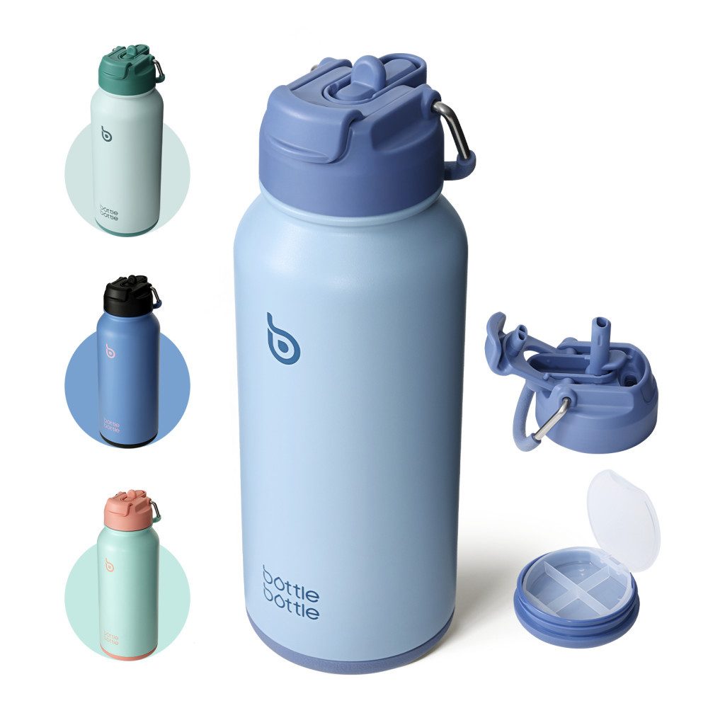 BOTTLE BOTTLE Trinkflasche Edelstahl Trinkflasche mit Strohhalm, auslaufsichere Isolierflasche, für Sport & Fitnessstudio, mit Pillenfach, doppelwandig