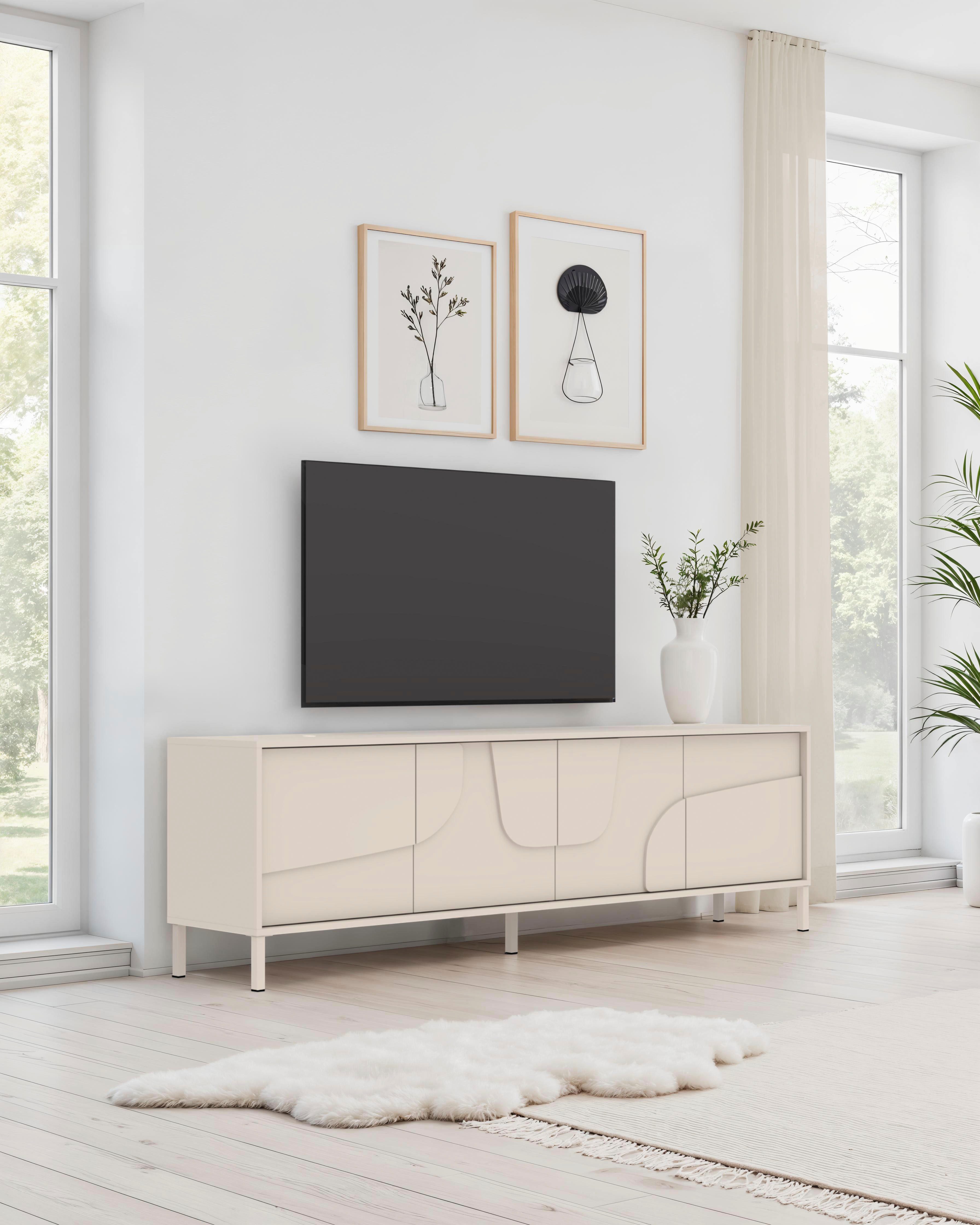 OTTO home Lowboard Stone, 205 cm breit, 4 Türen, TV-Schrank, TV-Kommode, Medienboard, 3D-Design, Push-to-open, Innenraum großzügig, Füße 14/2 cm wählbar
