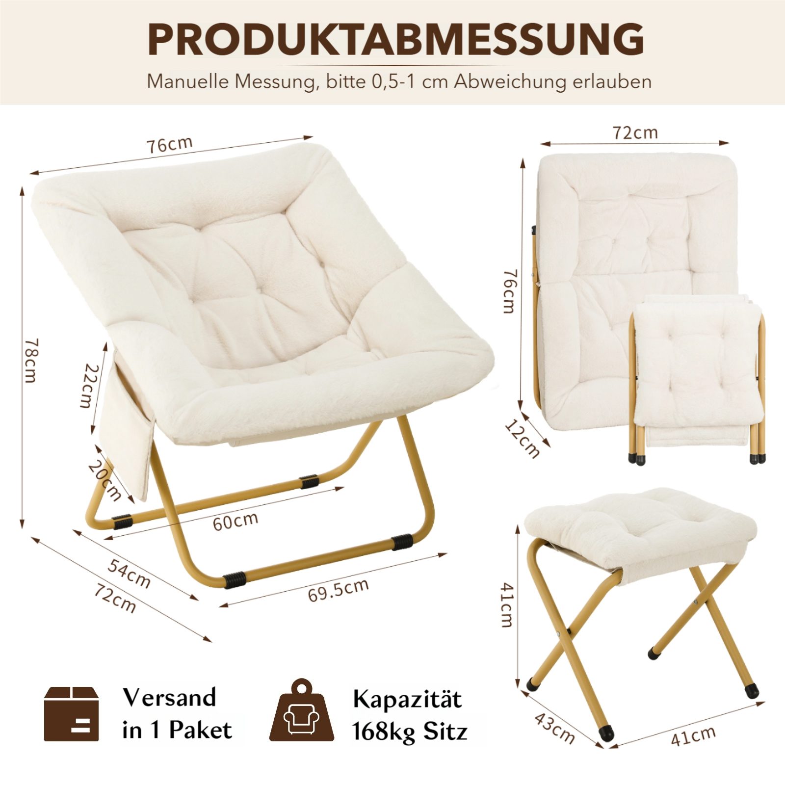 TLGREEN Relaxsessel,klappbarer Lounge-Sessel mit Hocker, (Weicher Kunstfell-Lesesessel, Relaxsessel mit Hocker),Ideal für Wohnzimmer, Schlafzimmer & Spielzimmer