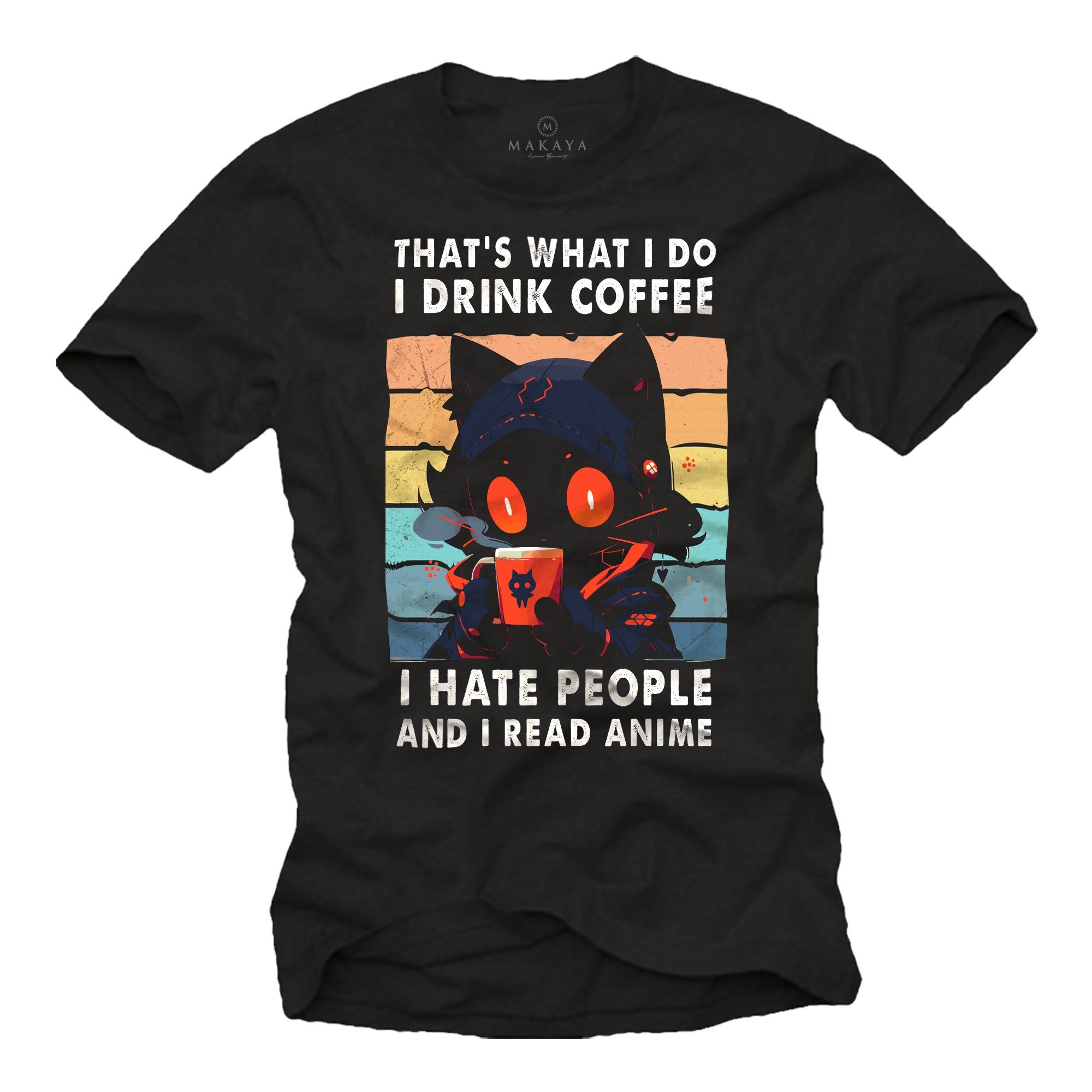 Anime Katze Herren Spruch T-Shirt Jungs, MAKAYA Hate Kaffee Jugendliche Geschenk Lustig People Ideen