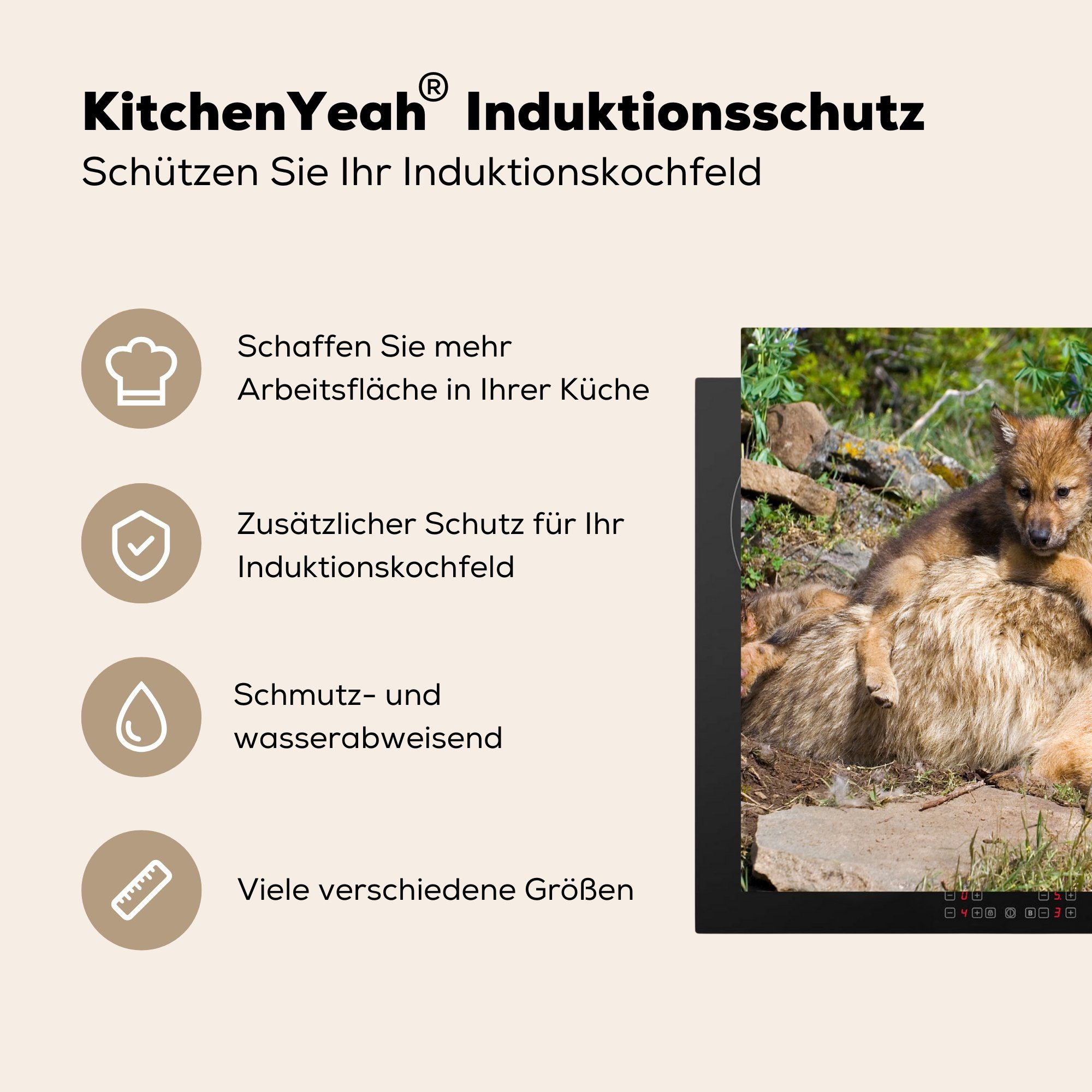 - - cm, Tier, MuchoWow für Vinyl, tlg), Ceranfeldabdeckung (1 Jungtier küche, 59x52 Induktionsmatte Herdblende-/Abdeckplatte die Wolf