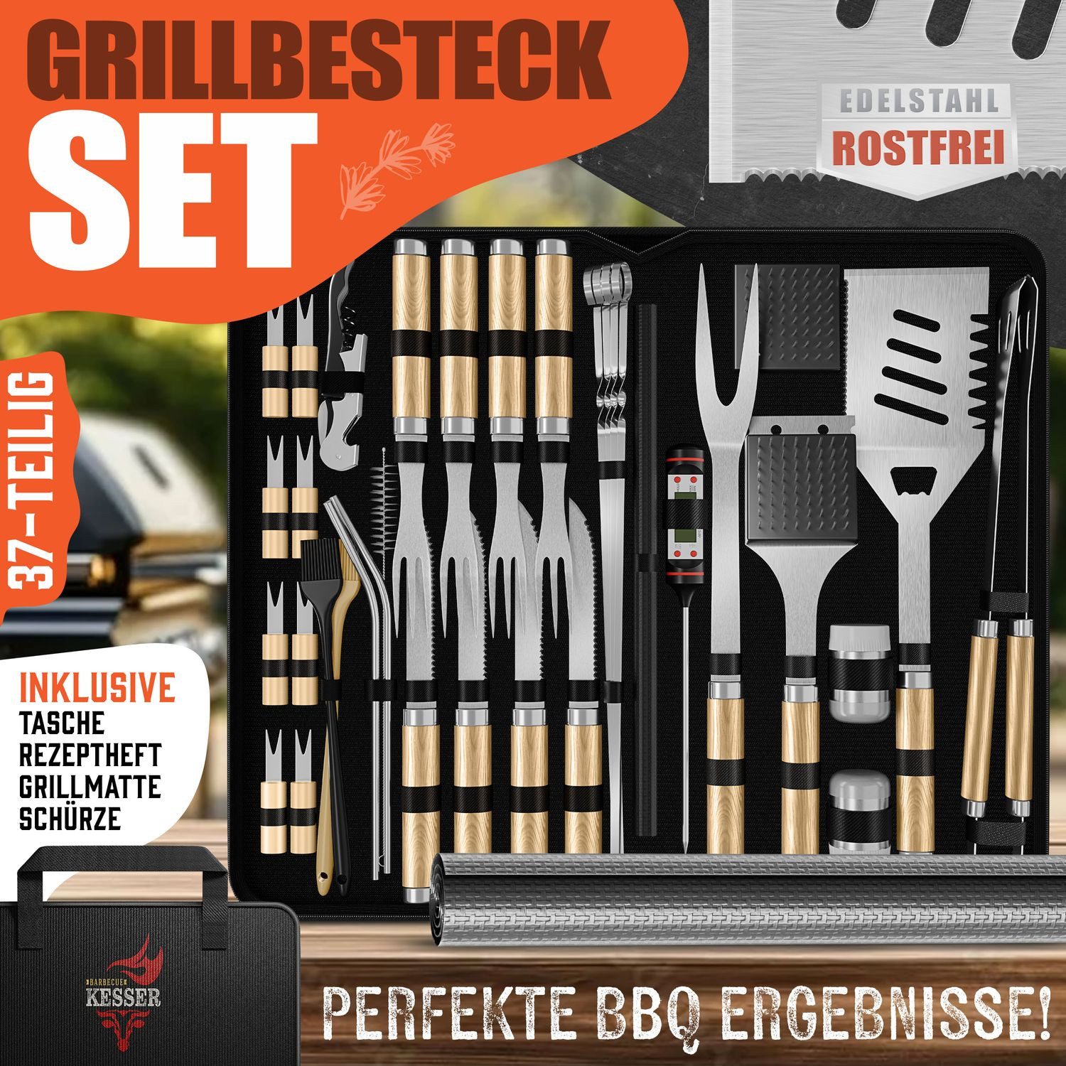 KESSER Grillbesteck-Set, (Grillzubehör Set mit Grillzange, Grillwender, 4in1 Grillspatel, Grillgabel, Grill-Spieß, Thermometer, Korkenzieher, Grillmatte & Tasche, 37 tlg), BBQ Profi Grillset aus rostfreiem Edelstahl