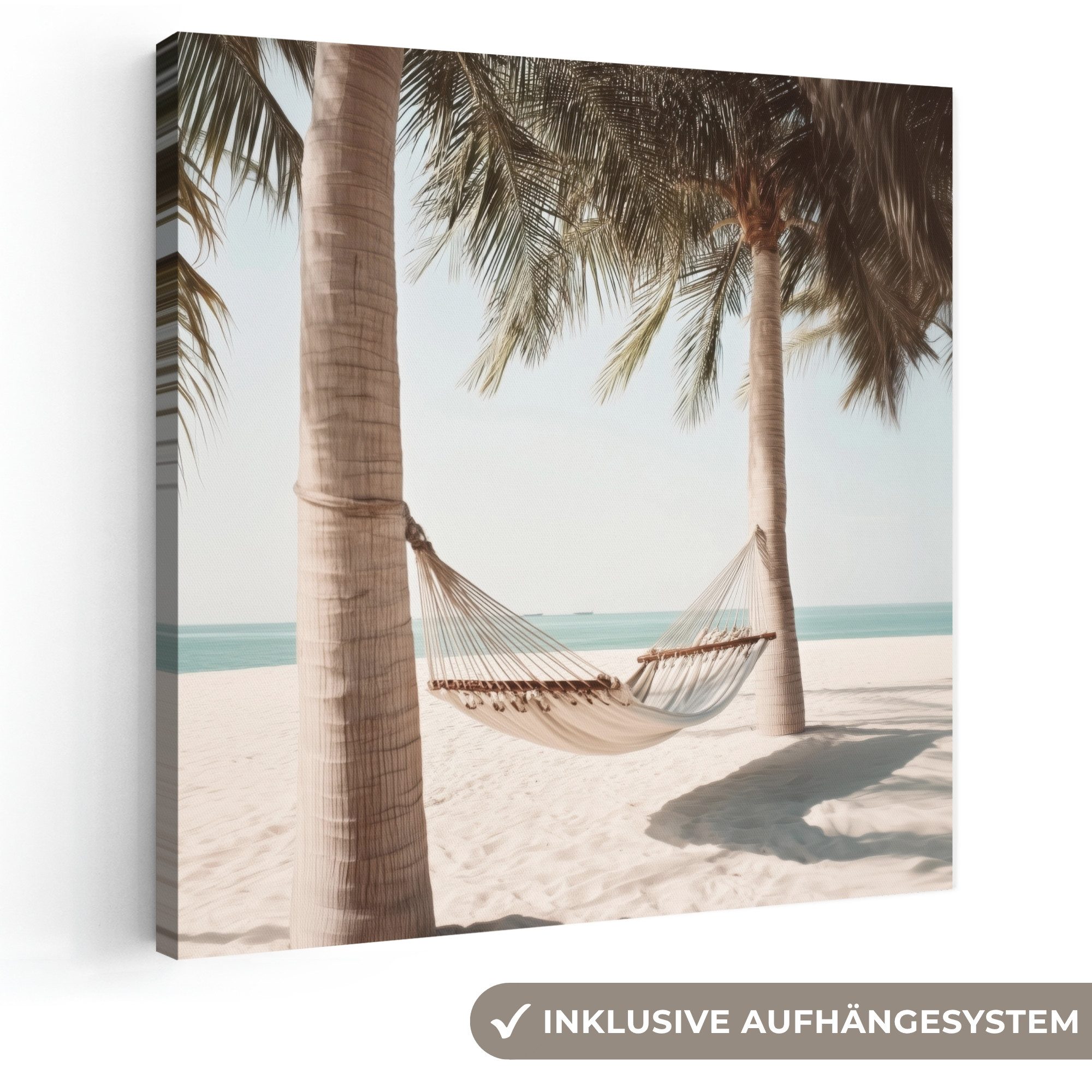 OneMillionCanvasses® Leinwandbild Hängematte - Palmen - Strand - Meer, Fotodruck (1 St), Wandbild, Deko Schlafzimmer Wohnzimmer Flur 20x20 cm