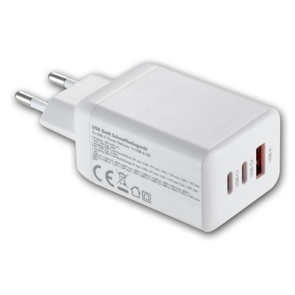 McPower USB-Schnellladegerät 65W, USB-A & 2xUSB-C PD, weiß USB-Ladegerät