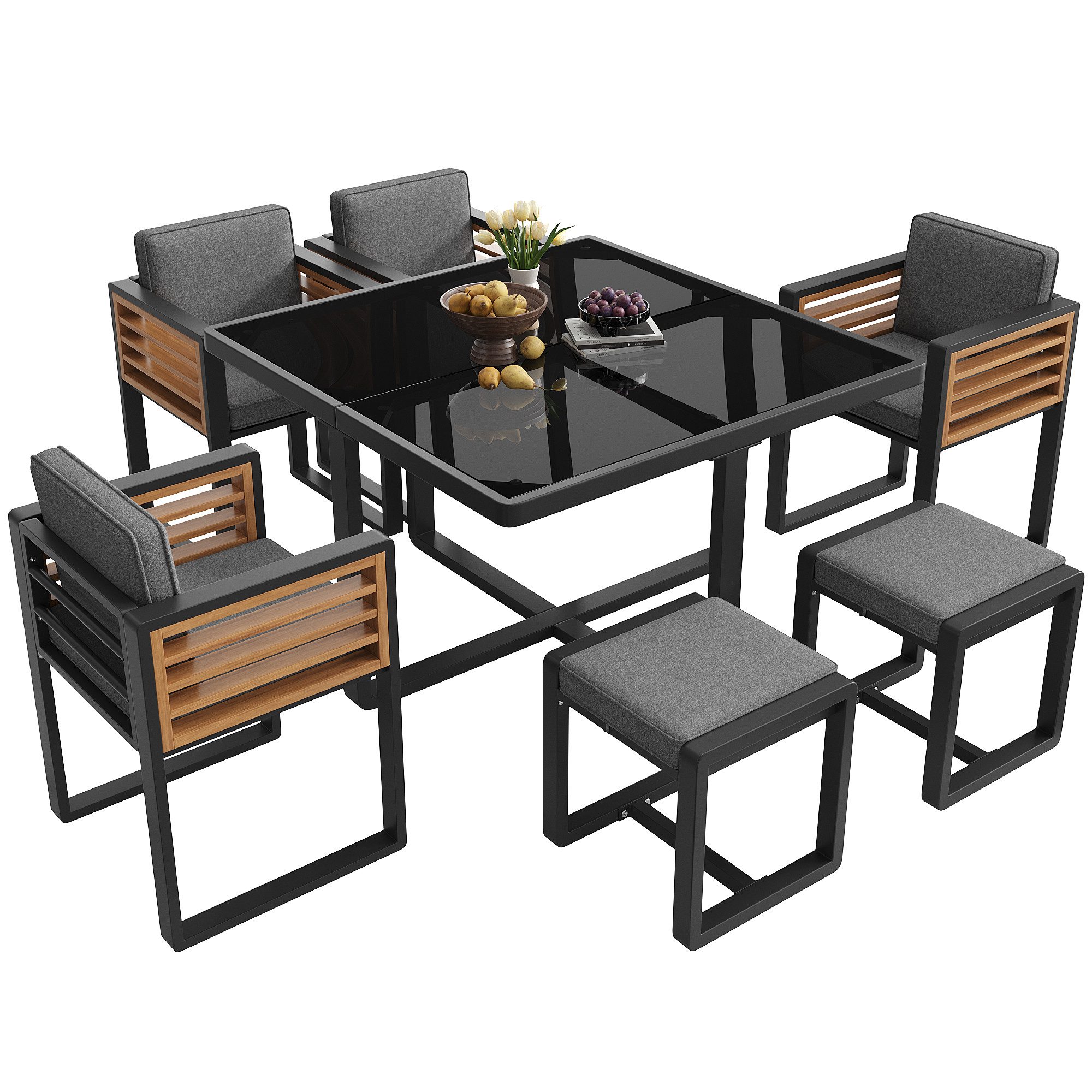 MODFU Gartenlounge-Set Elegante Gartenlounge, (mit Glastisch, 6 wetterfesten Stühlen & Kissen, moderne Gartengarnitur für Garten, Terrasse & Balkon, 1-tlg)