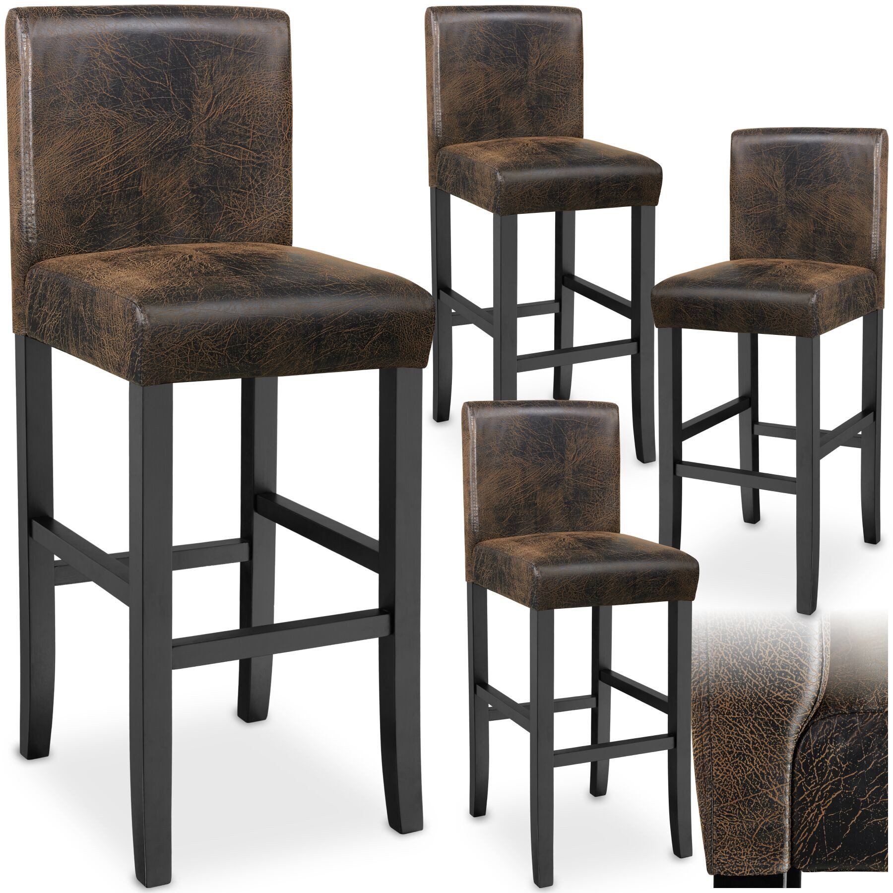 tectake Barhocker Bistrostuhl, Sitzhöhe gepolstert mit Rückenlehne, 76 cm (Barstuhl, in antikbraun), Bezug aus Kunstleder, Stuhlbeine aus Massivholz, mit Fußstützen