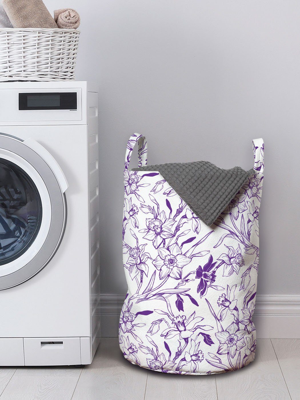 Abakuhaus Wäschesäckchen Wäschekorb mit Blick Kordelzugverschluss für Monochrome Waschsalons, Griffen Sketch Blumen Kunst