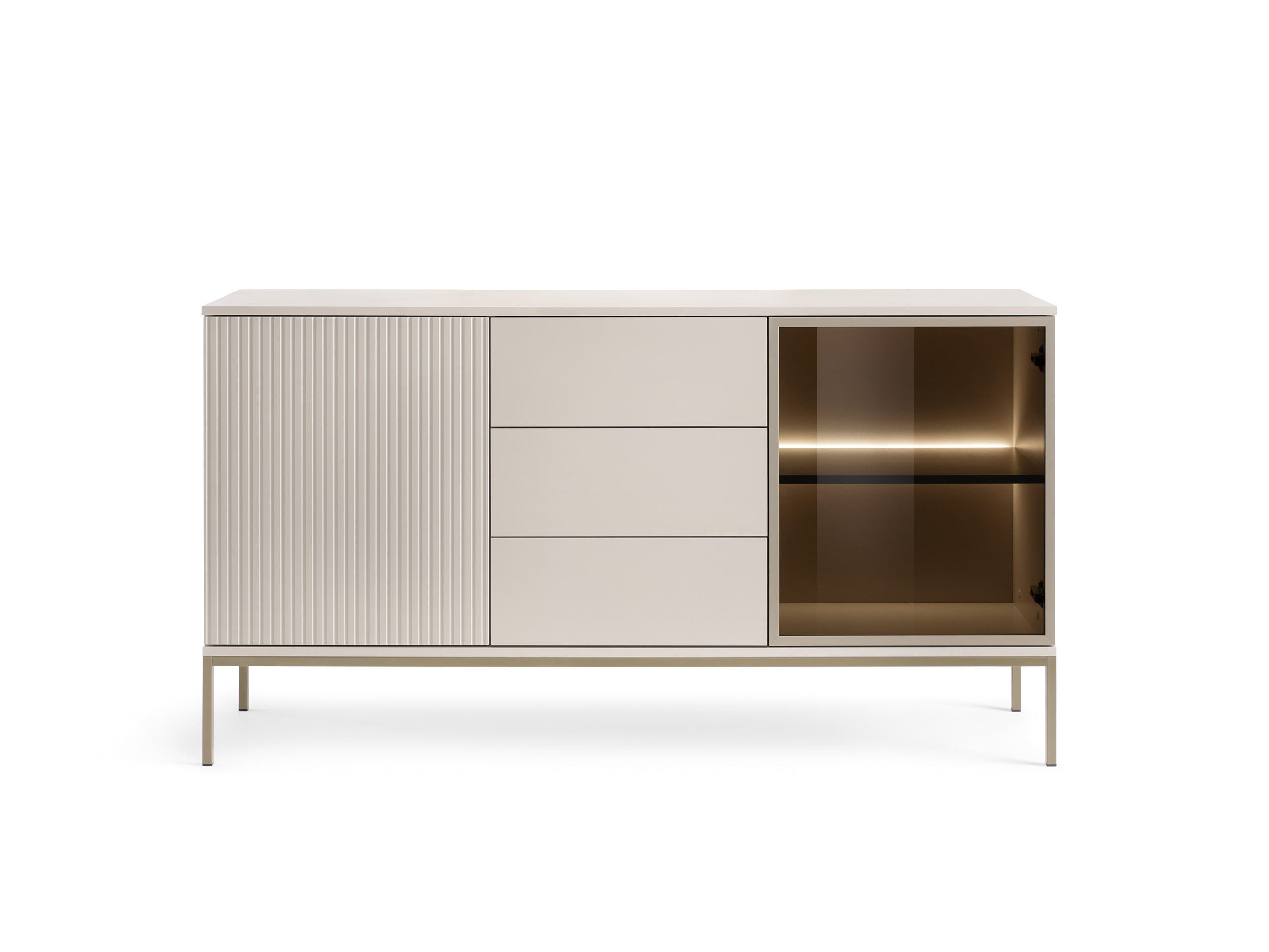 MOEBLO Kommode Sentino SSZ154 LED (Sideboard Wohnzimmer Kommode Schlafzimmer Komodenschrank Highboard, mit gefräster Front und LED-Beleuchtung), (HxBxT):83x154x39 cm