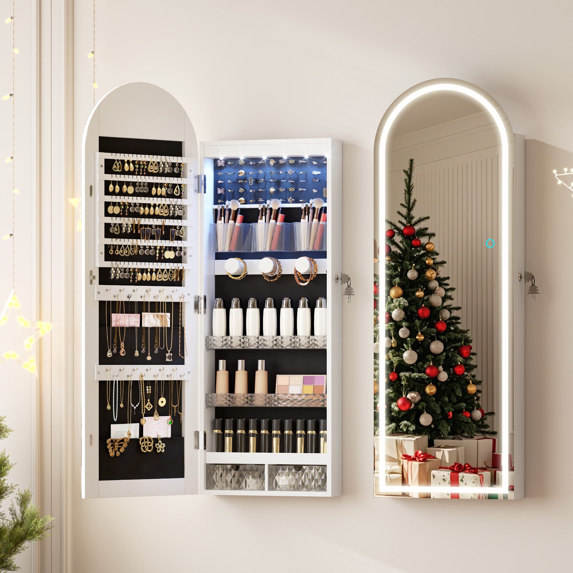 LVSOMT Schmuckschrank mit 3 Farben Licht, aus MDF, explosionssicherem Glas und Samt (1-St) mit Make-up-Spiegel, 108×40cm, weiß