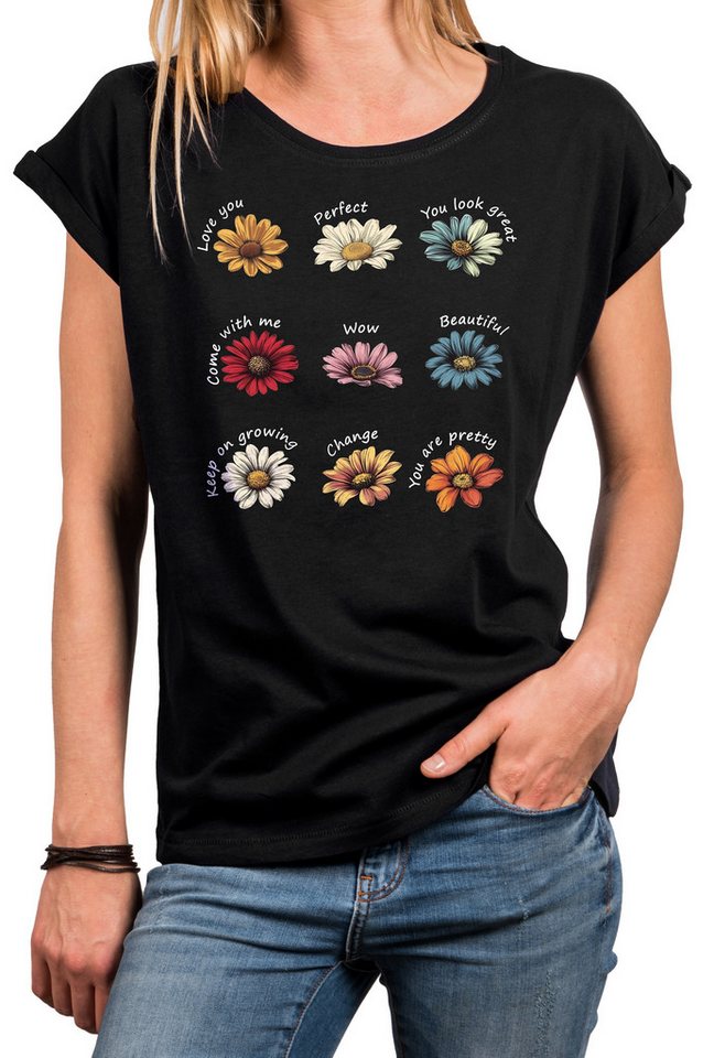 MAKAYA Kurzarmshirt mit Blumenprint Hippie Flower Power Outfit Blumenshirt Sommer Top (Schwarz, Blau, Grau, 36, 38, 40, 42, 44, 46, 48, 50) mit Druck