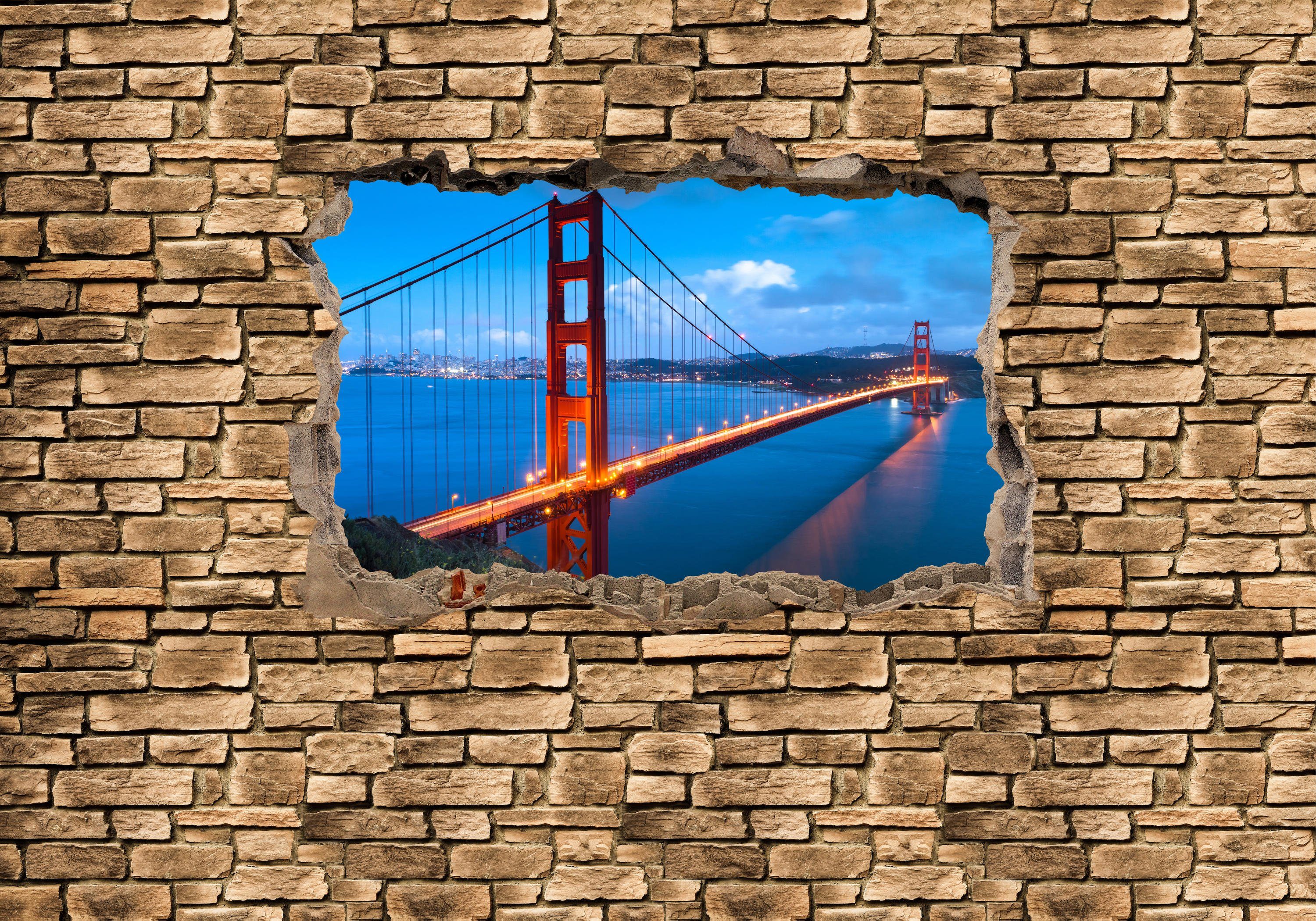 wandmotiv24 Fototapete 3D Golden Gate Brigde in San Francisco - Steinmauer, glatt, Wandtapete, Motivtapete, matt, Vliestapete