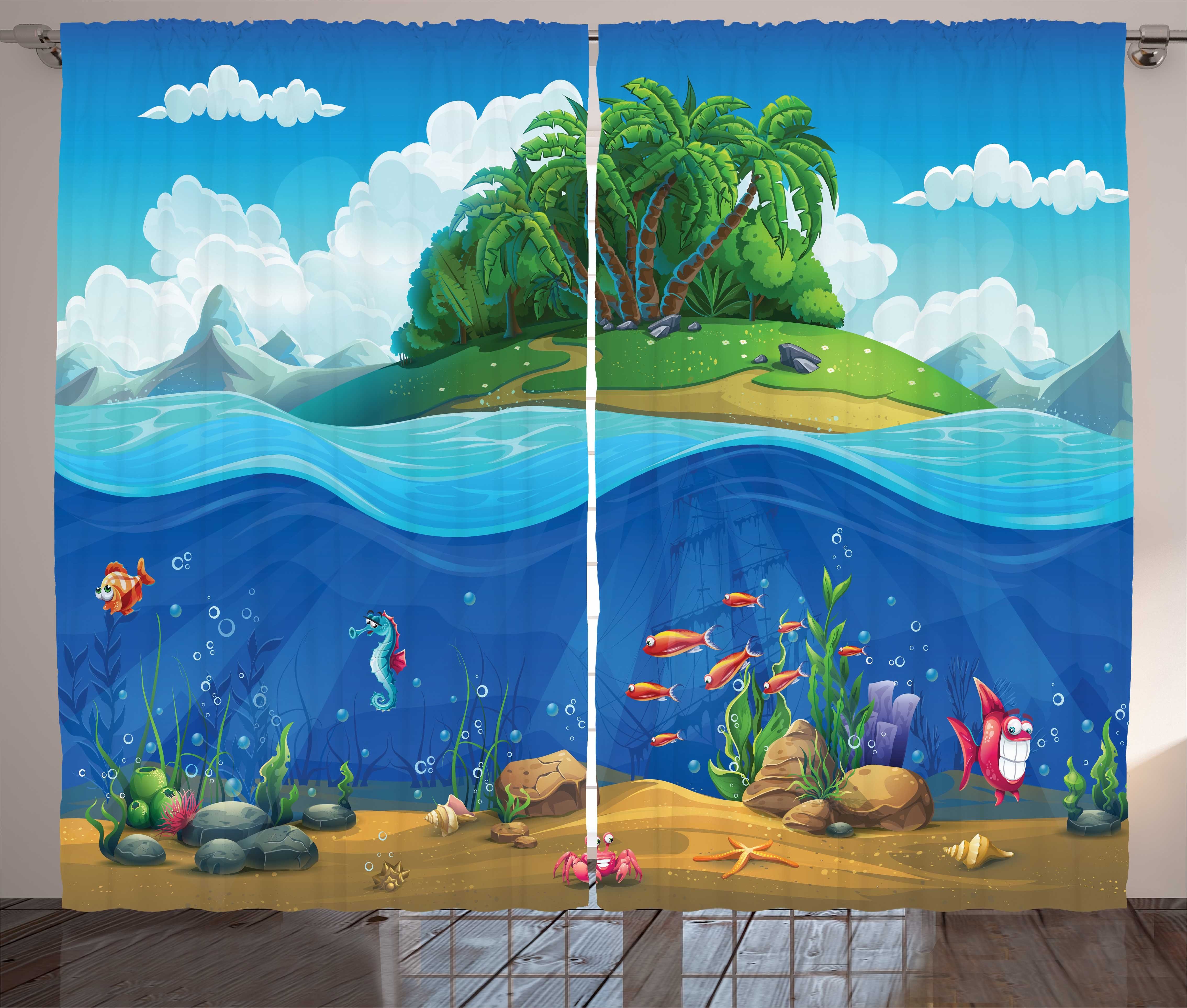 Haken, Unterwasser Grafik-Strand und Abakuhaus, mit Kräuselband Gardine Schlaufen Cartoon Schlafzimmer Vorhang
