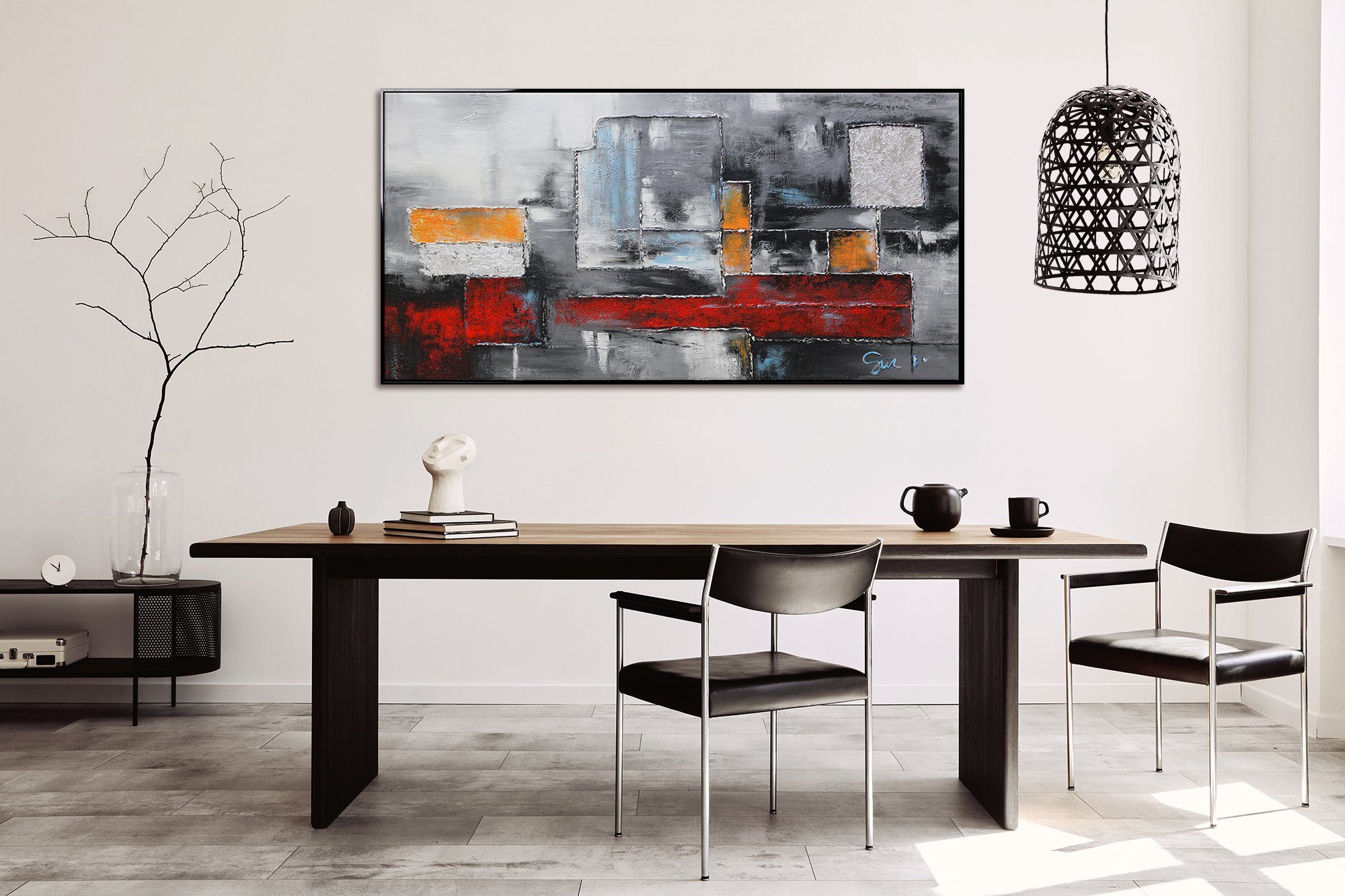Abstraktion, Bild Gemälde in YS-Art Leinwand Orange Quadrat Handgemalt Rahmen Rot Mit Rechteck Abstraktes Abstraktion, Schwarz