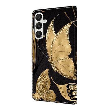 CLM-Tech Handytasche für Samsung Galaxy A35 5G Hülle - Tasche aus Kunstleder Klapphülle (goldene Schmetterlinge, Handyhülle mit Standfunktion - Wallet Flip Case inklusive Kartenfächer), - Cover Etui mit Magnetverschluss - Galaxy A35 5G Schutzhülle