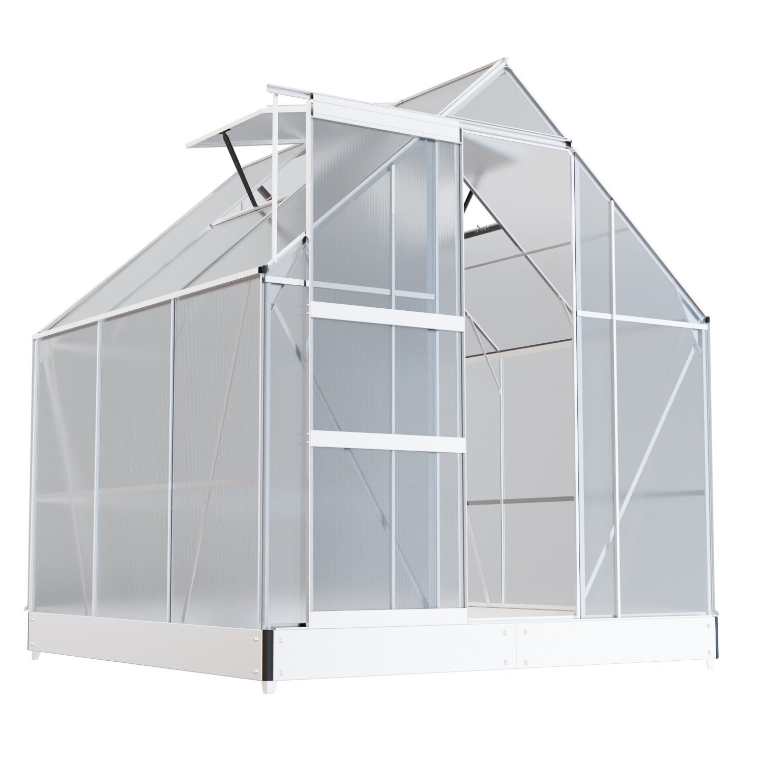GARMIO Gewächshaus Gewächshaus CUNEO aus Aluminium, 3,6m² 4mm Wand, Schiebetür, BxTxH: 190 x 190 x 195 cm, inkl. Fundament,wetterfest und stoßfest, inkl Regenrinne, mit zwei (2) Dachfenstern für optimale Belüftung, winterfest, Dachfenster, für Selbstversorger