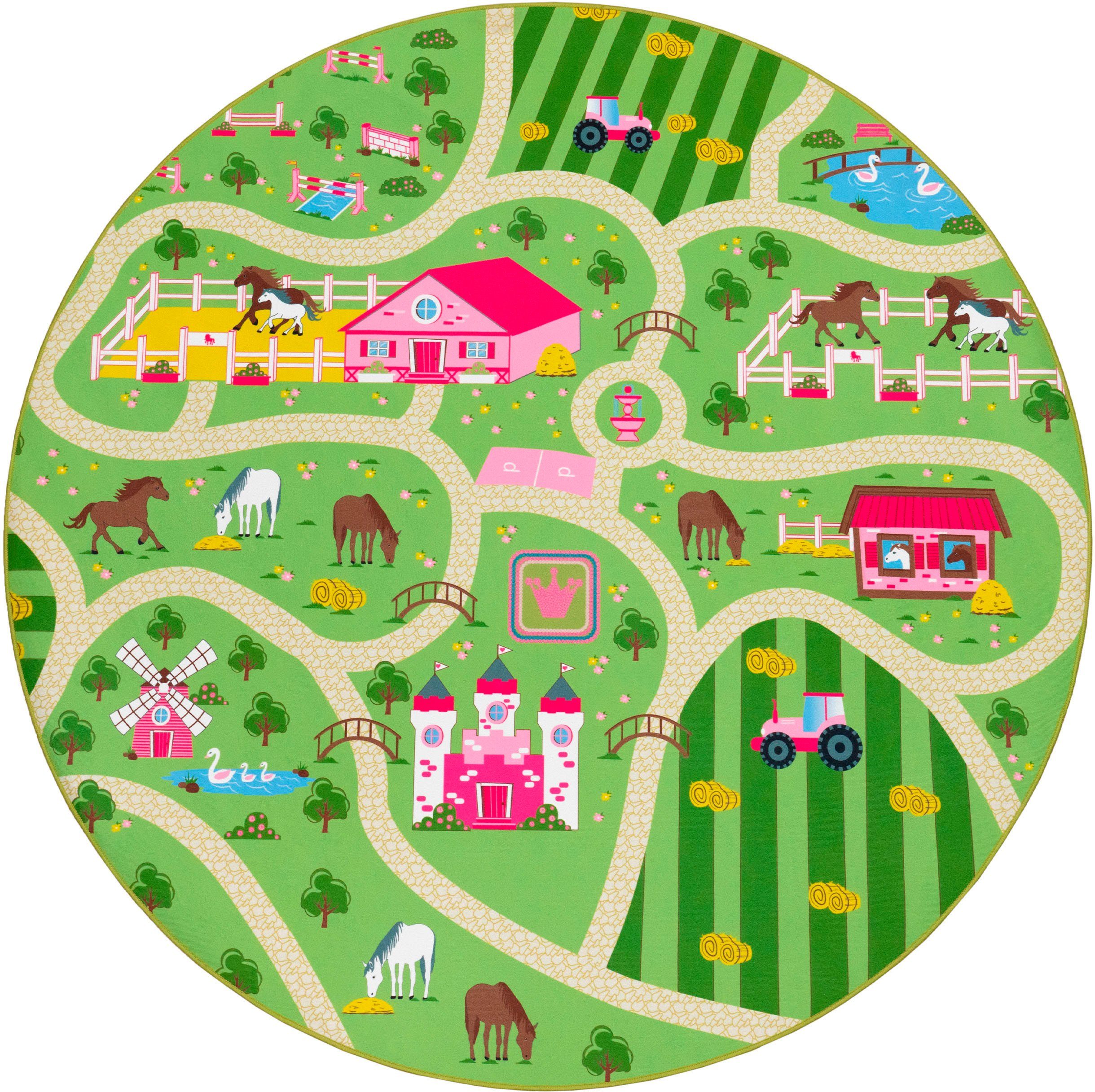 Paco Home Kinderteppich Bino 560, rund, Höhe: 4 mm, Kurzflor, Straßen-Spiel-Teppich, Motiv Bauernhof, Kinderzimmer