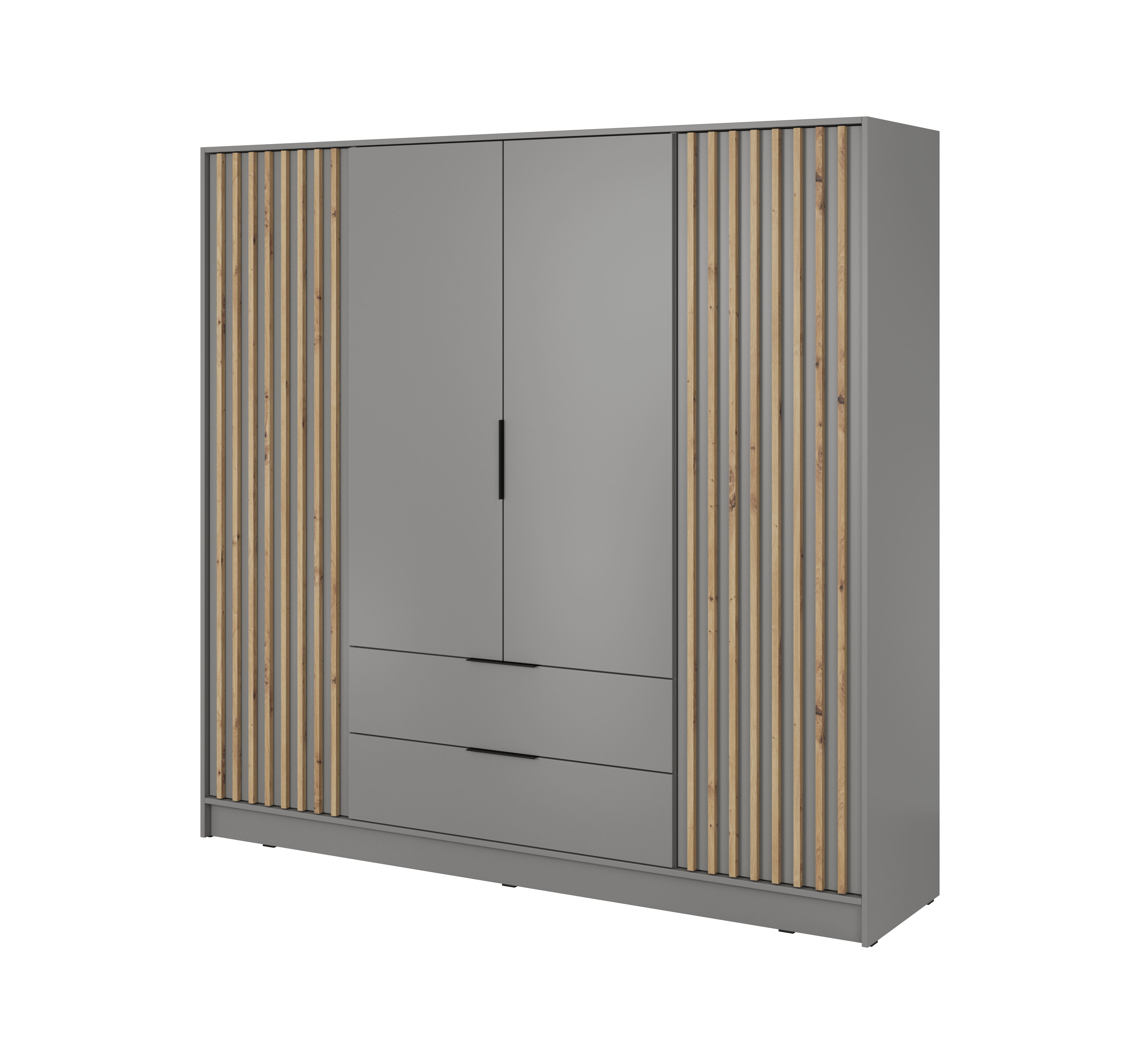 MOEBLO Kleiderschrank JOHN (Latten aus Holz, Loft Stil IndustrieSchrank Aufbewahrungsschrank (Spannstange) mit Regalböden Spannstange & 2 Schubladen, Industrieschrank für Schlafzimmer, Schlafzimmerschrank mit 2/3/4 drehbaren Türen, 2 Schubladen)