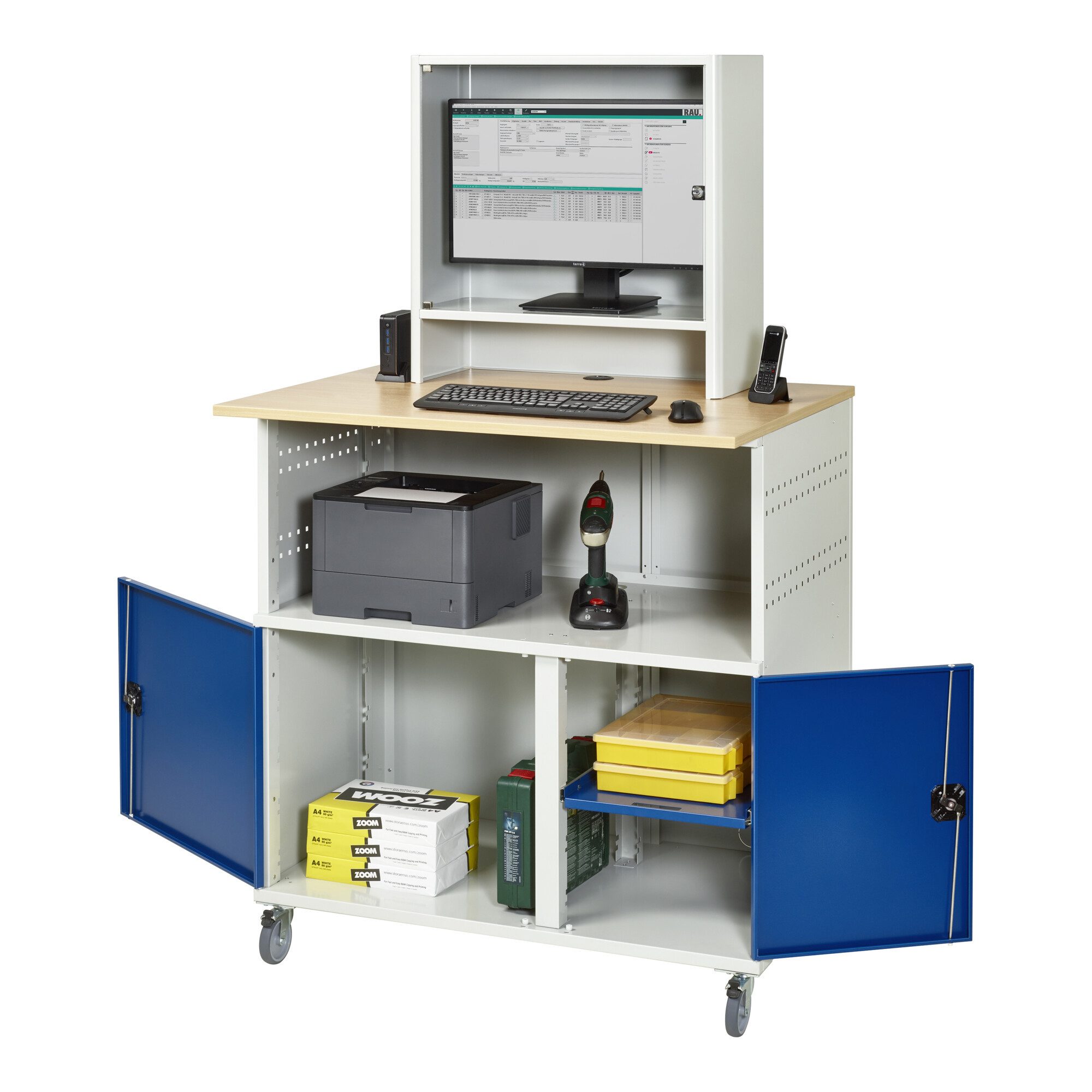 RAU Büromöbel-Set Rau Computer-Tisch mit Monitorengehäuse mobil BxTxH 1100x800x1100/1810