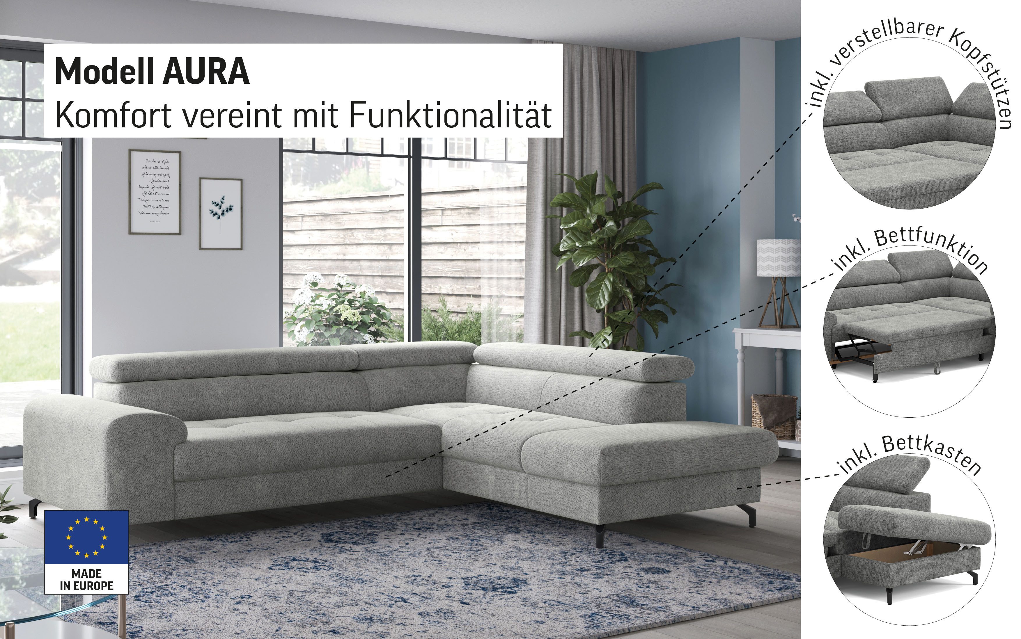 COTTA Ecksofa Aura L-Form, B: 260 cm, mit Bettfunktion, Bettkasten & Kopfteilverstellung