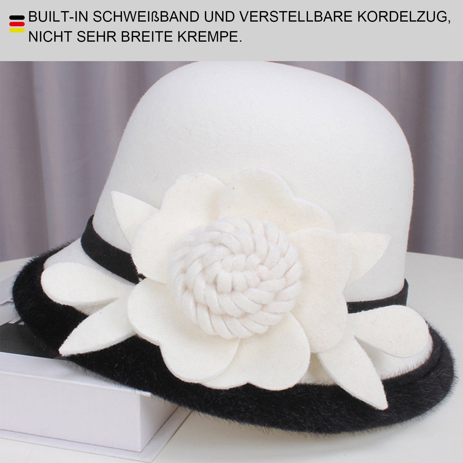 MAGICSHE Fischerhut Damen Filzhut 1920er Vintage Blume Weiß Jahre Bowler Hut mit