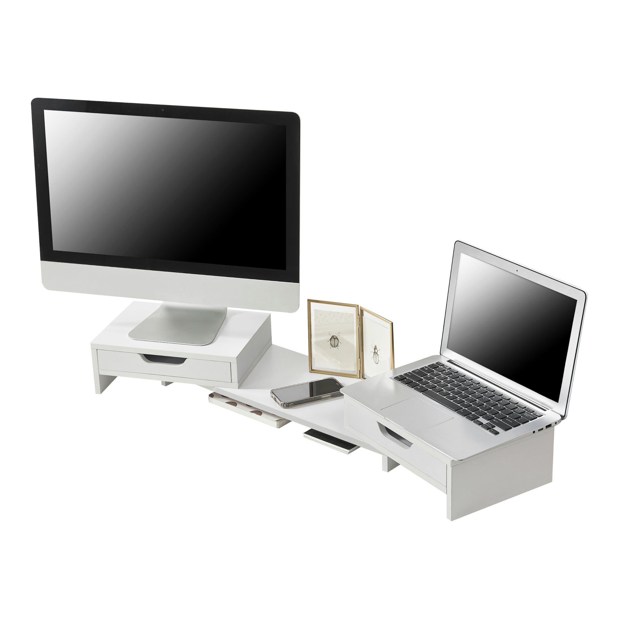 en.casa Monitorständer, (»Marttila« Monitorerhöhung mit 2 Schubladen 60x22x11cm Weiß)