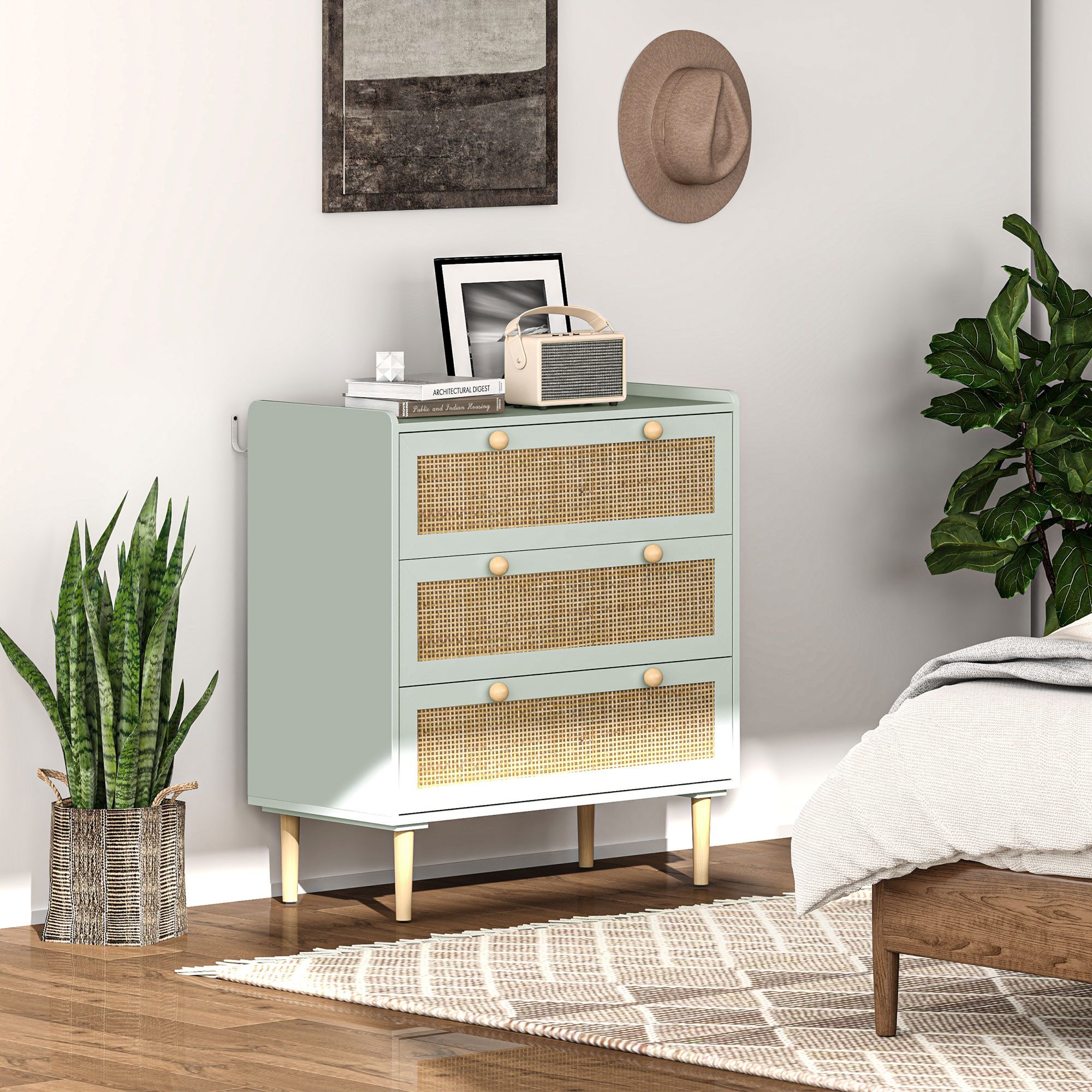HOMCOM Kommode Aufbewahrungsschrank im Boho-Stil Schubladenschrank Flur Grün (Schubladenkommode, 1 St., Sideboard), für Wohnzimmer, Schlafzimmer, Hellblau 80 x 40 x 87,5 cm