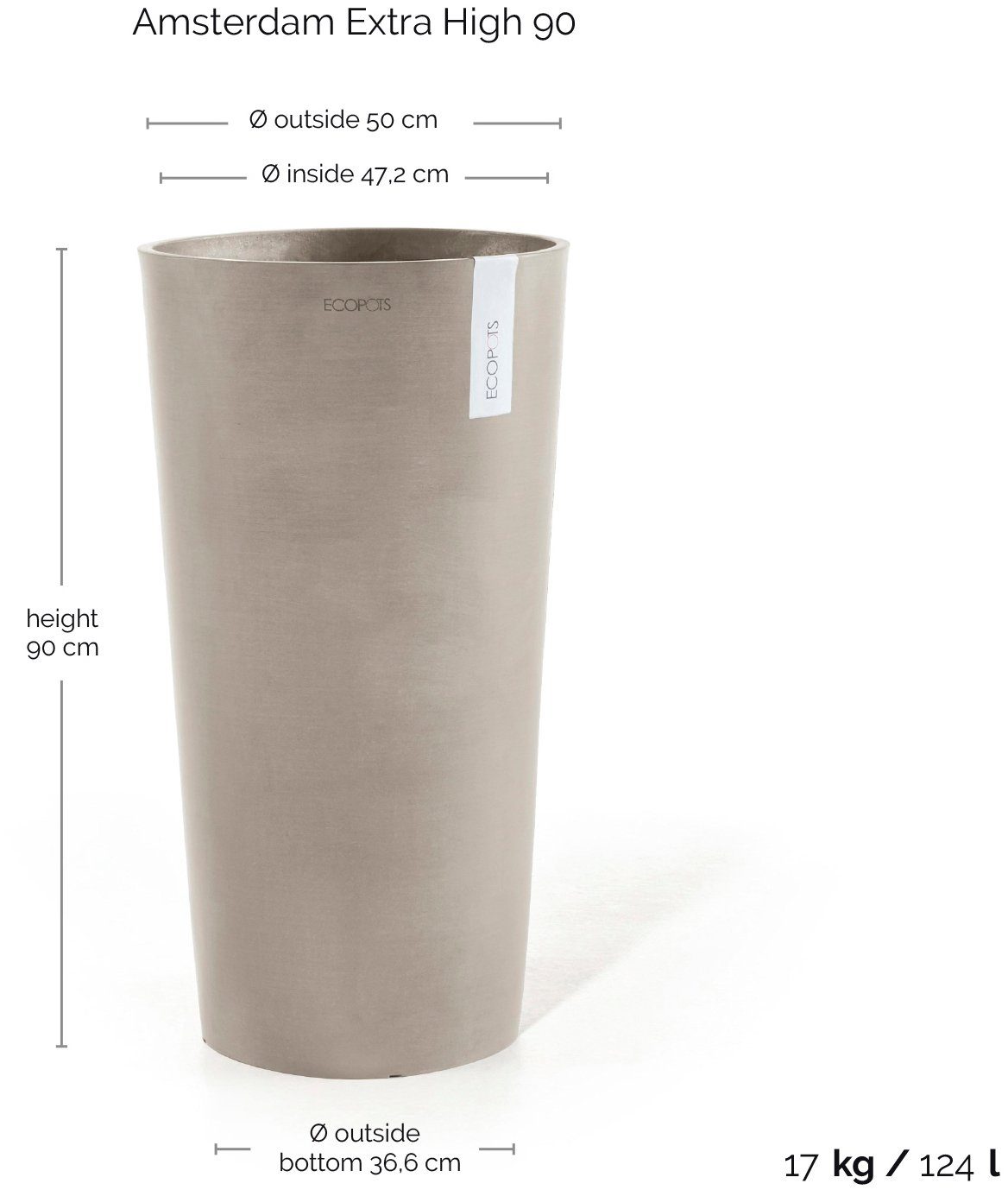 ECOPOTS Blumentopf Amsterdam extrahoch 90 Taupe, für innen und außen: frostsicher, bruchsicher und lichtbeständig