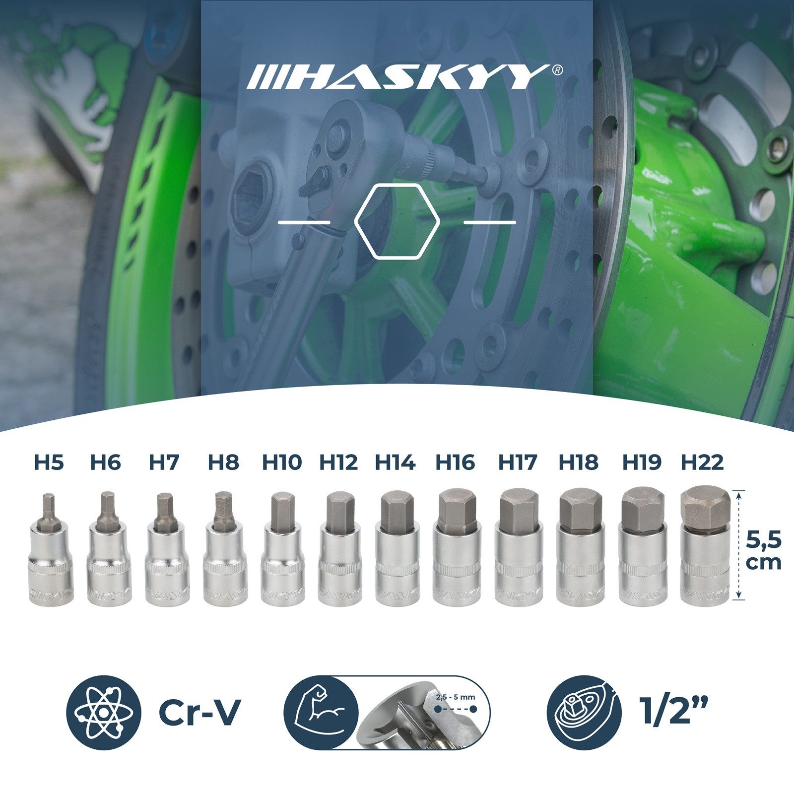 HASKYY Innensechskantschlüssel Innensechskant Steckschlüsselsatz 1/2" Bitsatz 5-22mm Stecknüsse 12tlg
