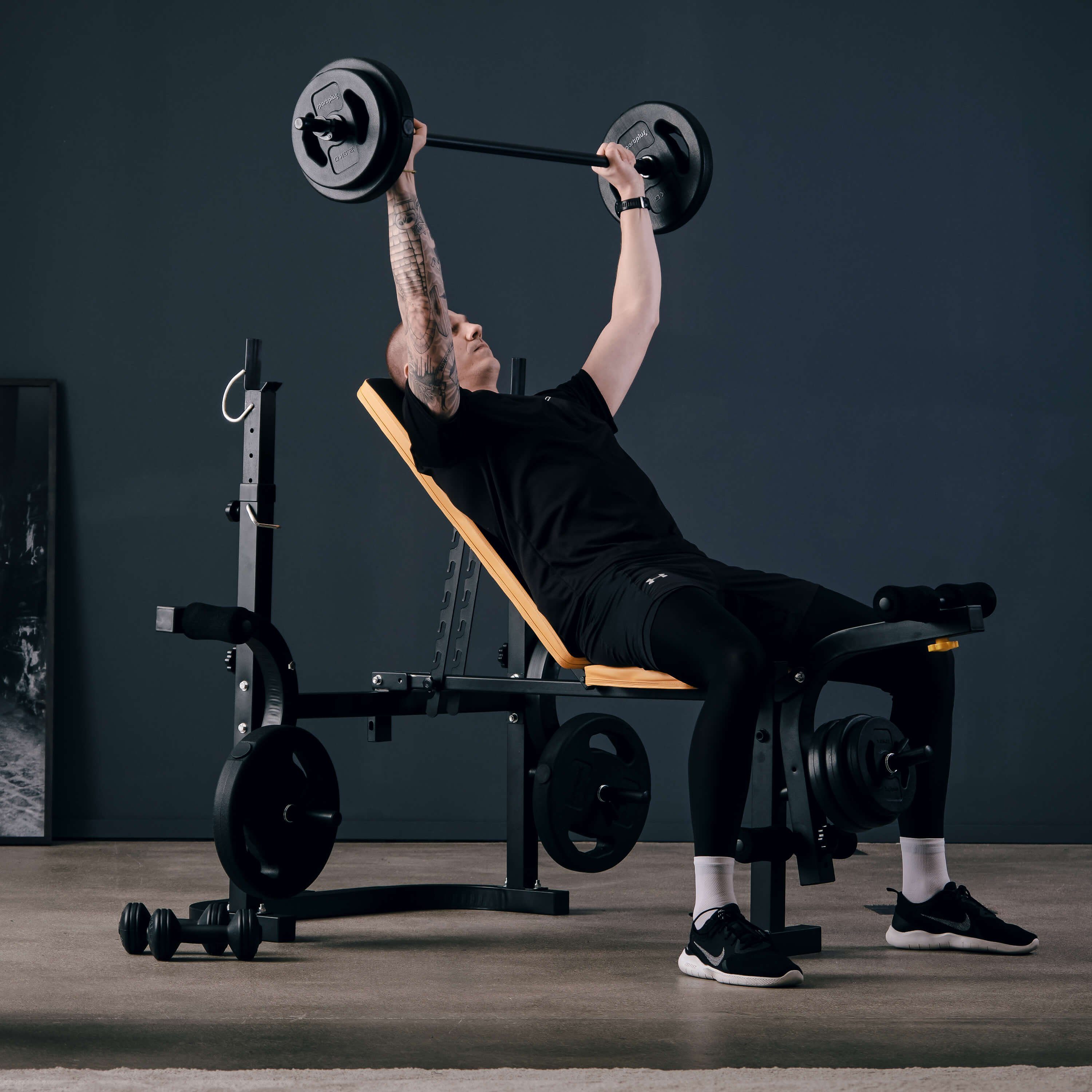 SportPlus Hantelbank SP-WB-003-B, 4-in-1 Hantelbank mit Langhantelablage, klappbar & platzsparend