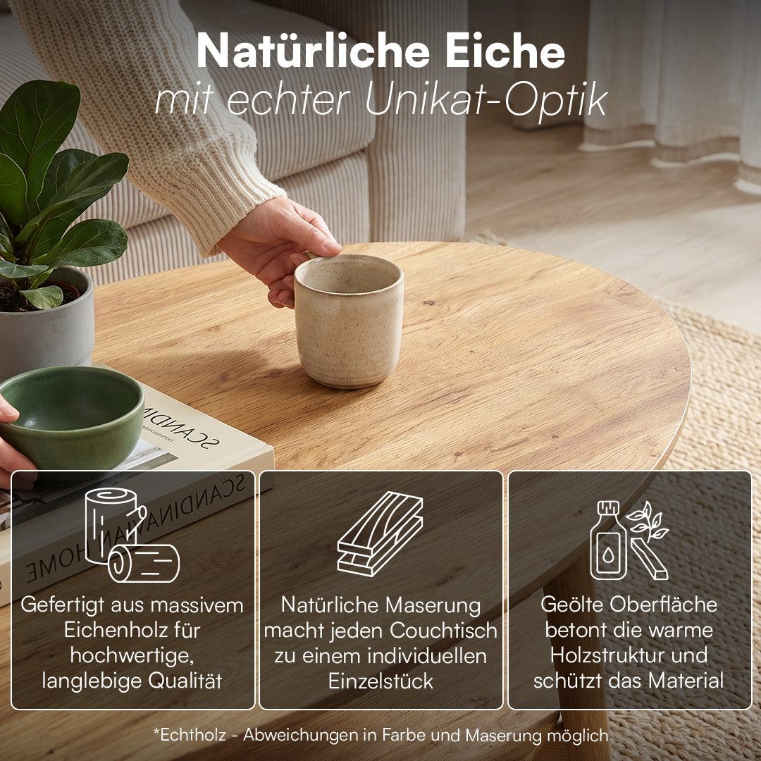 skølm Couchtisch Mjölnir aus Eiche Massivholz (Natur geölt), Wohnzimmertisch 70x110 cm mit 2 Ablagen, auch in rund erhältlich