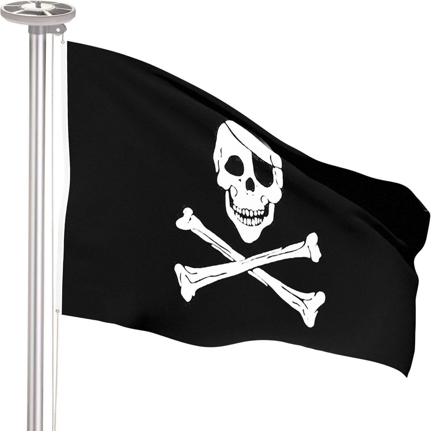 BRUBAKER Fahnenmast Aluminium Fahnenmast inkl. Piraten Flagge und Solar Fahnenmastlicht, (Solar-Energie Licht mit 26 LEDs - All-in-One Set), mit Bodenhülse und Totenkopf Fahne 150 x 90 cm