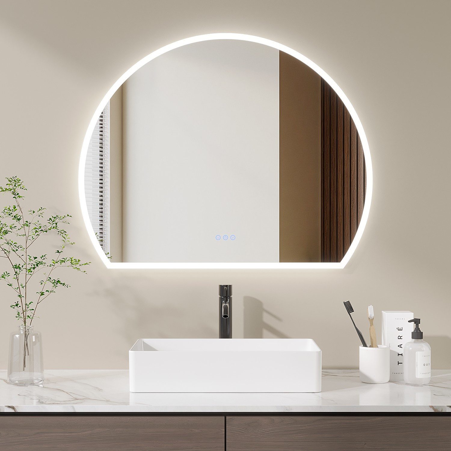AQUALAVOS LED-Lichtspiegel Badspiegel mit Beleuchtung 100 x 80 cm Halbrund vertikal / horizontal, 3 Lichtfarben:Kaltweiß Neutralweiß Warmweiß Dimmbar Antibeschlag Touch