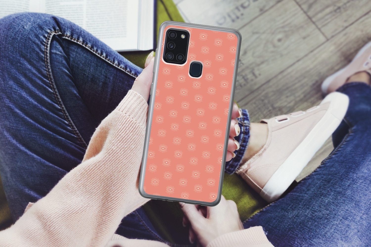 MuchoWow Handyhülle für Samsung Galaxy A21s Boho - Druck - Rosa - Weiß - Augen, Smartphone-Bumper, Print, Handy Schutzhülle Dünn