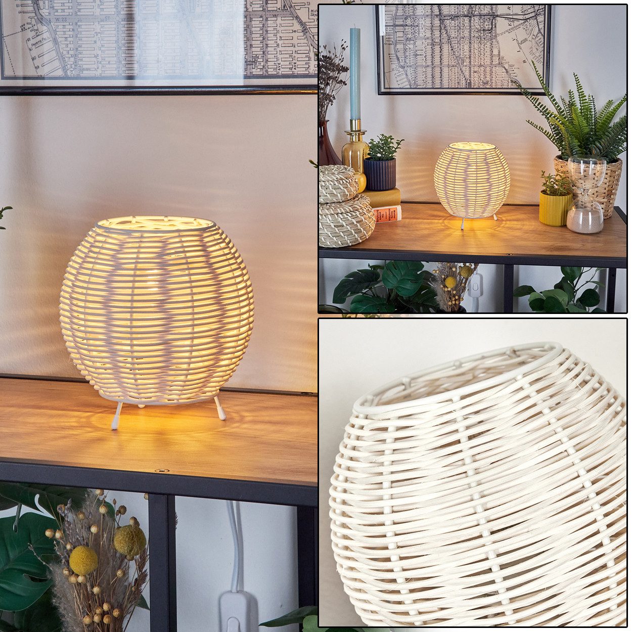 hofstein Tischleuchte Tischlampe aus Metall/Rattan in Beige/Weiß, ohne Leuchtmittel