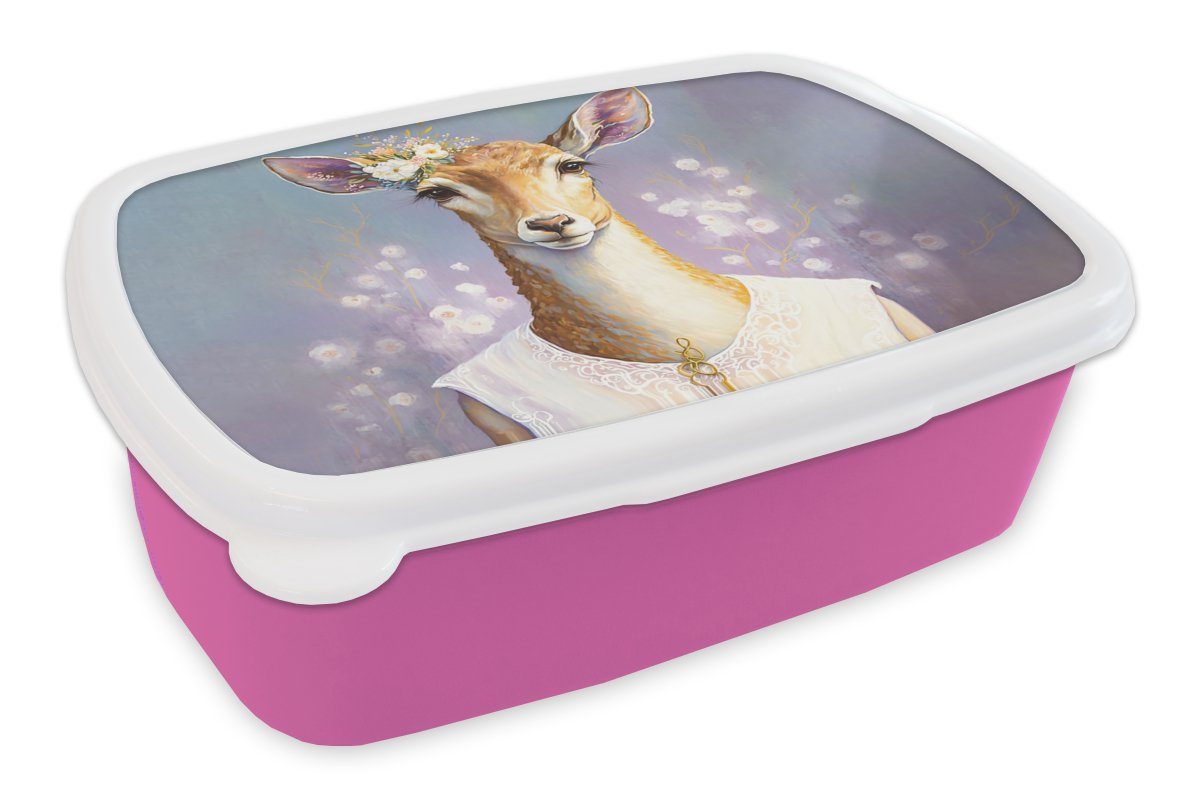 MuchoWow Lunchbox Hirsche - Blumen - Gemälde - Porträt - Tiere, Kunststoff, (2-tlg), Brotbox für Erwachsene, Brotdose Kinder, Snackbox, Mädchen, Kunststoff rosa