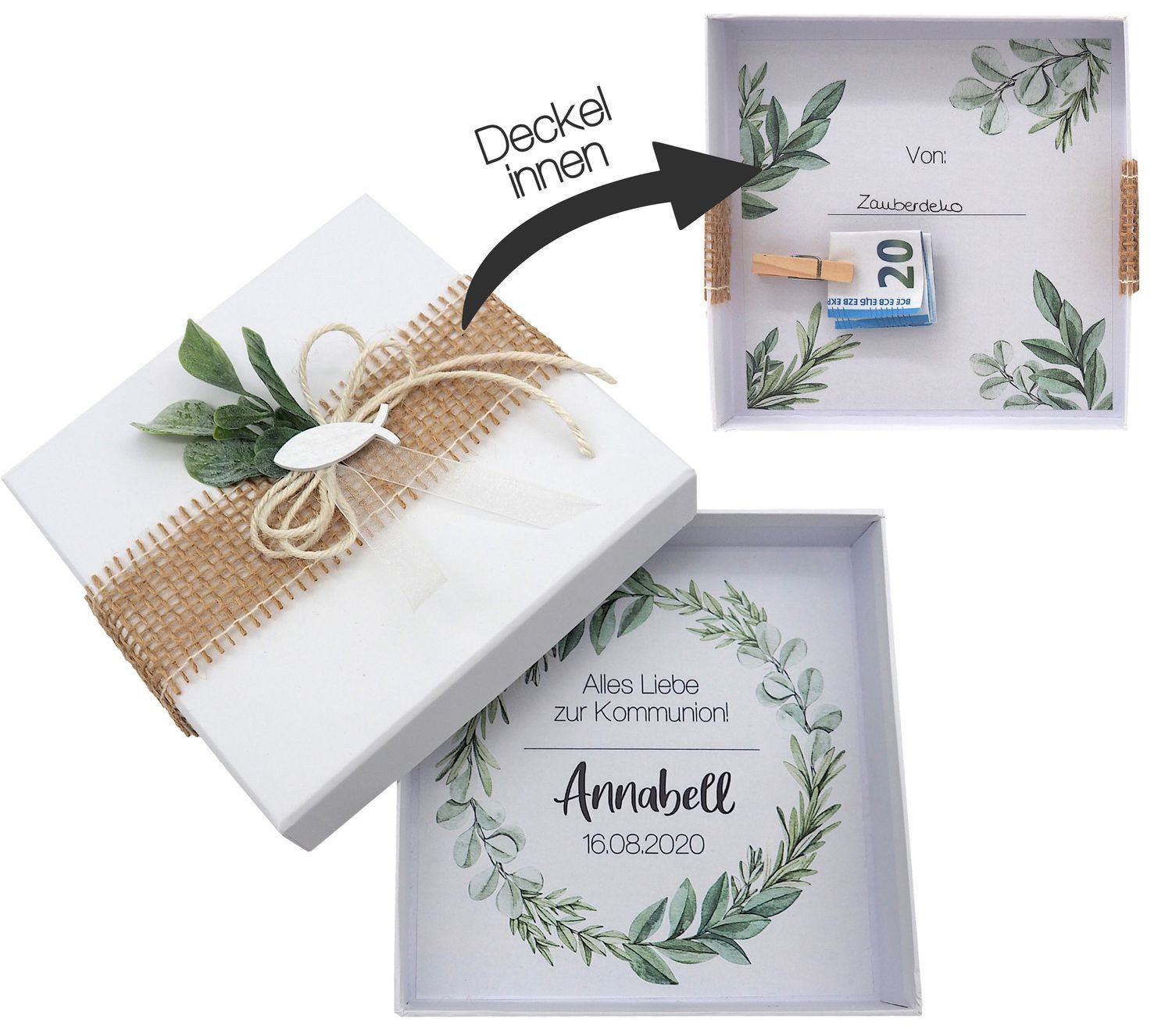 ZauberDeko Geschenkbox Geldgeschenk MIT NAME Kommunion Konfirmation Fisch Eukalyptus